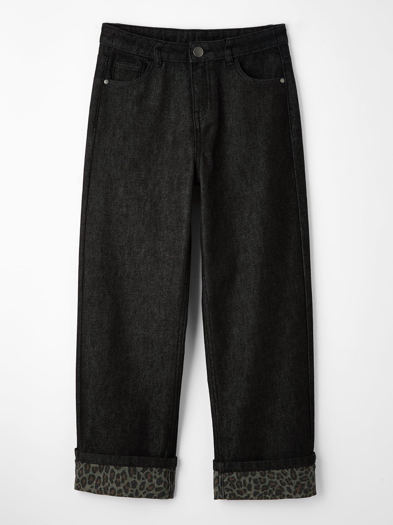 the-very-collection-girls-fold-up-hem-with-leopard-print-detail-straight-leg-jeans-black
