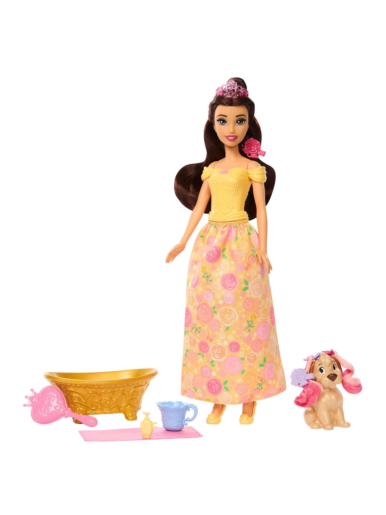 Image 1 of 6 of Disney Princess Disney Princess Bathe &amp; Brush Belle Fashion Doll &amp; Dog Figure with Color Change &amp; Accessories
