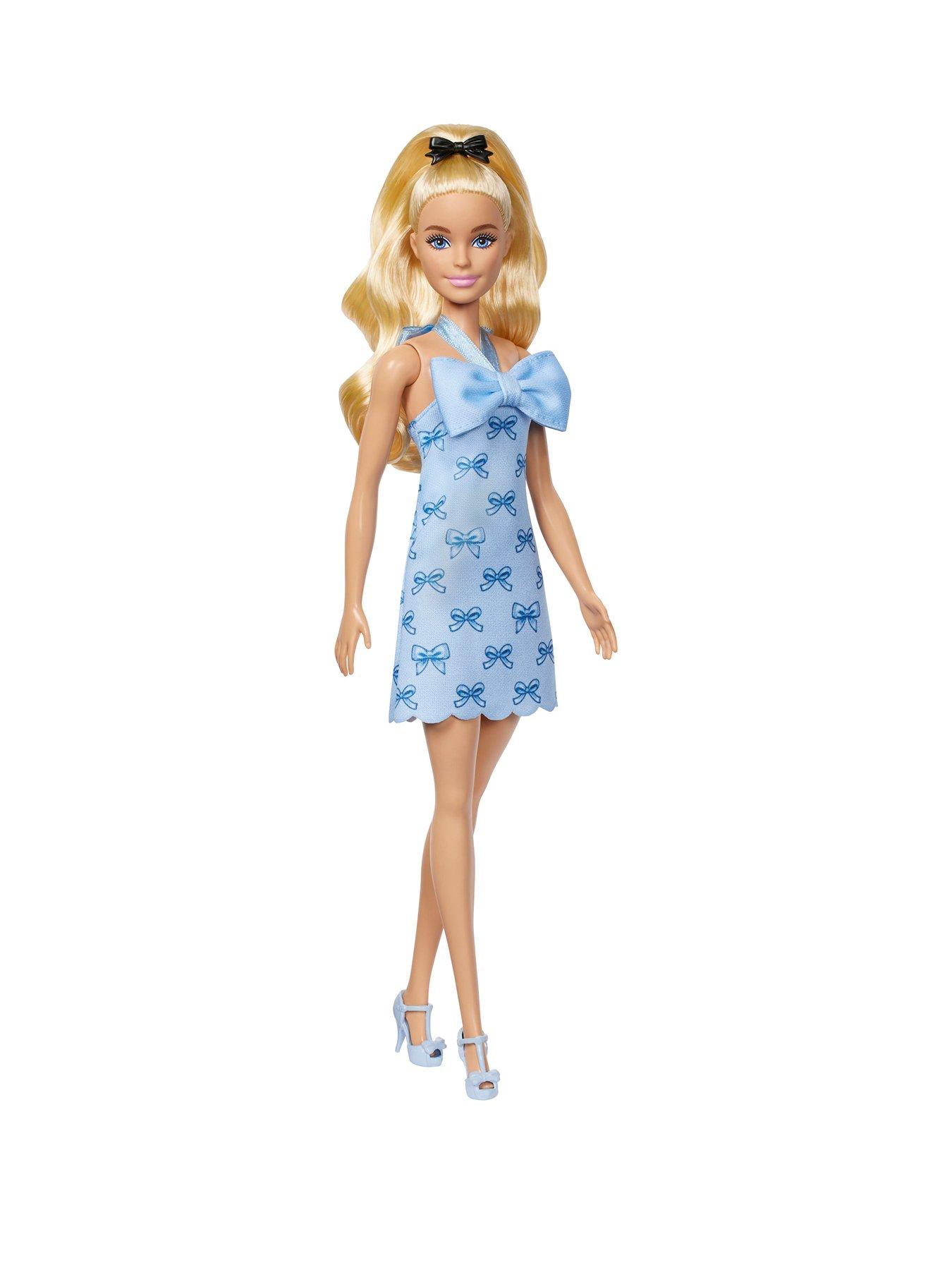 Image of Barbie Fashionistas Doll #237 in Blue Bow Halter Dress, Blonde Ponytail with Bow Accessory