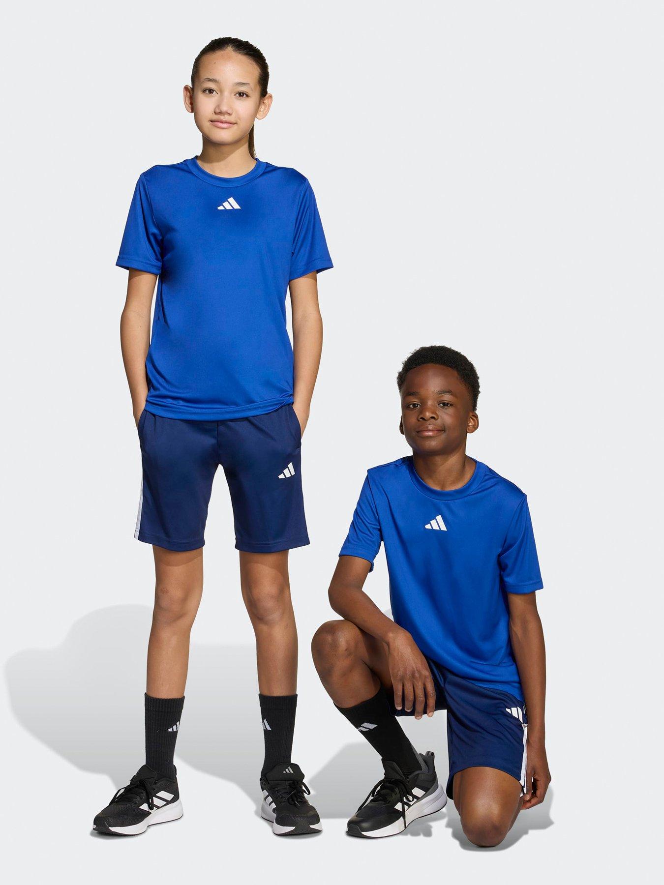 adidas Unisex Junior Training Essentials 3 Stripe T-Shirt  &  Short Set - Blue