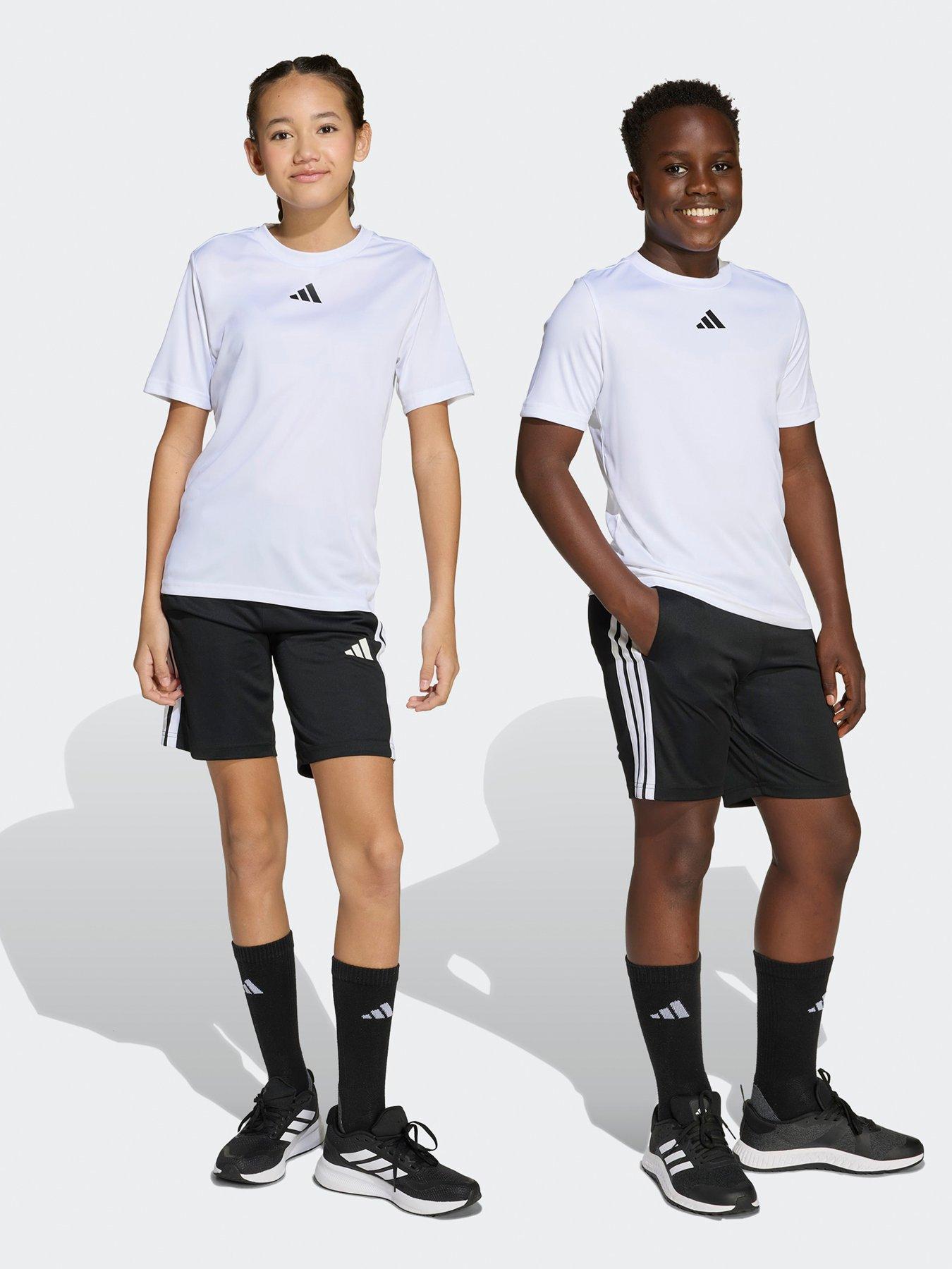 adidas Unisex Junior Training Essentials 3 Stripe T-Shirt  &  Short Set - White