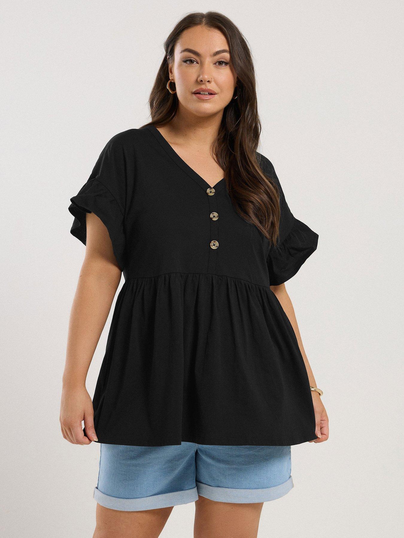Image of Yours Curve Frill Sleeve Button Peplum Top - Black