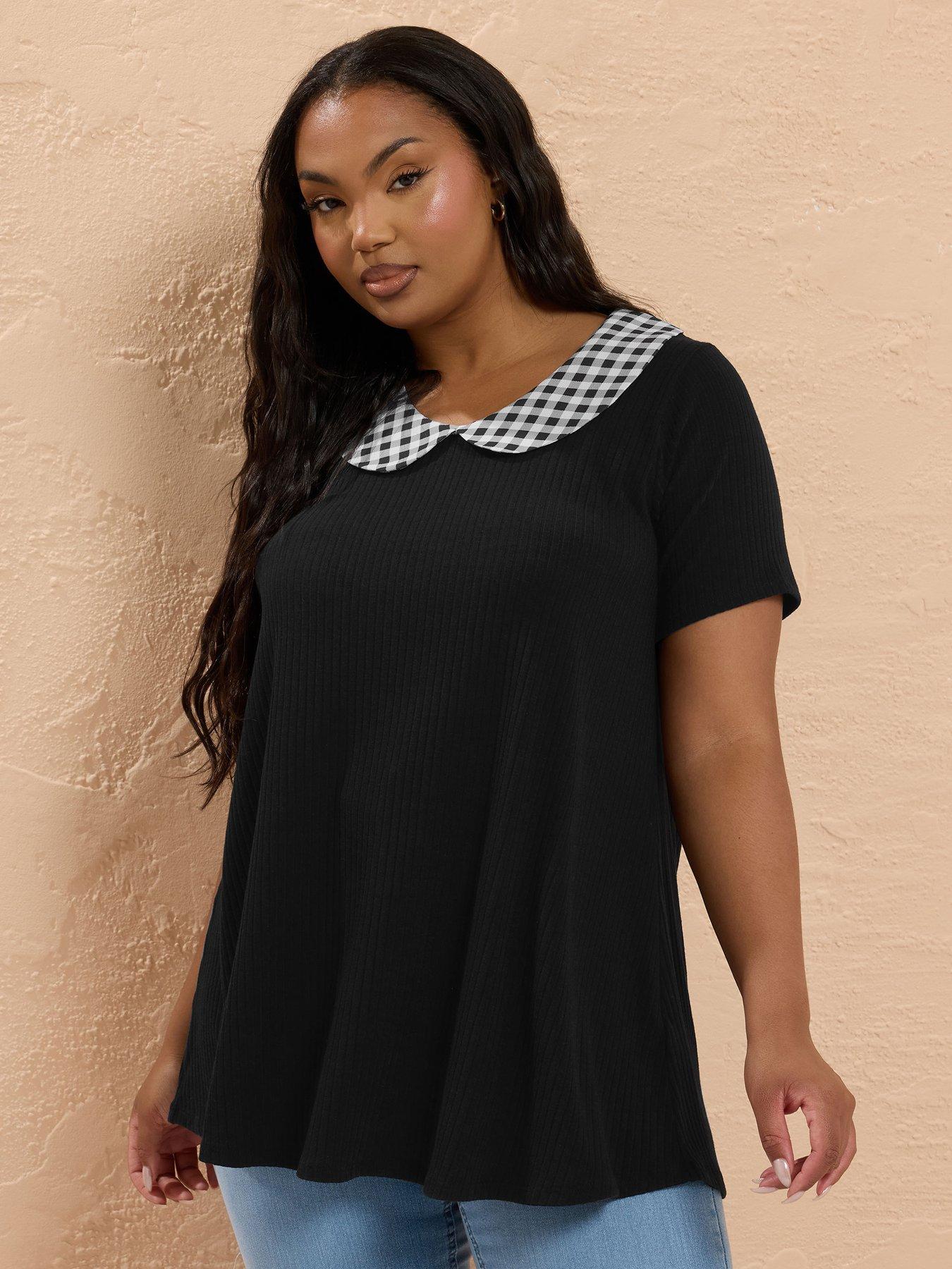 Image of Yours Curve Gingham Collar Rib Swing Top - Black