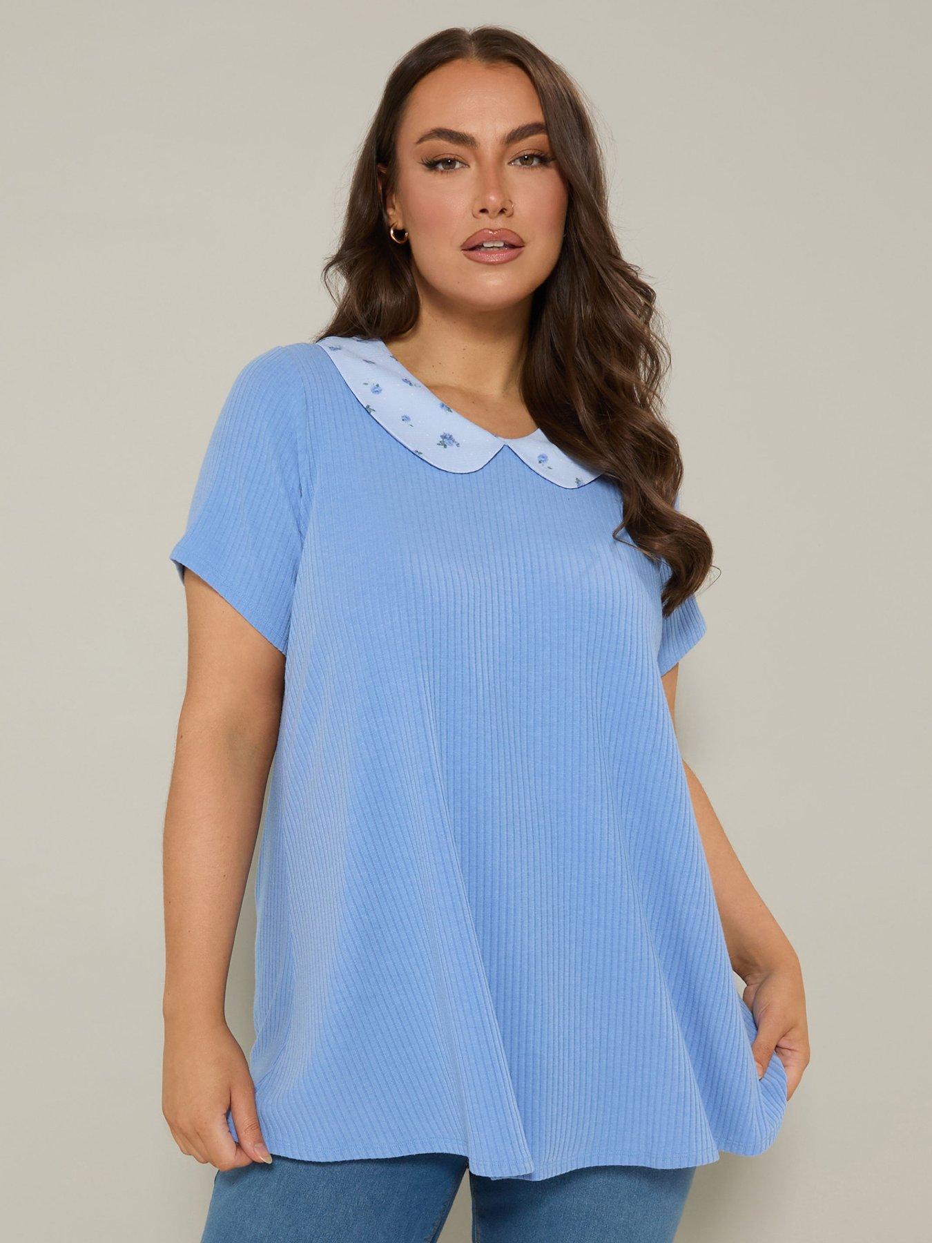 Image 1 of 5 of Yours Curve Ditsy Collar Rib Swing Top - Blue