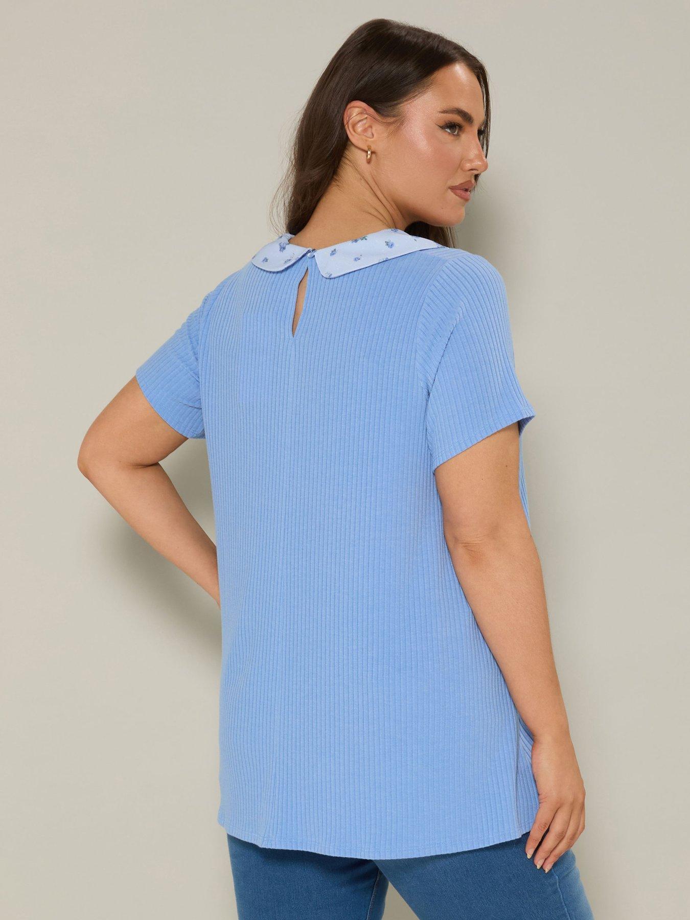 Image 2 of 5 of Yours Curve Ditsy Collar Rib Swing Top - Blue