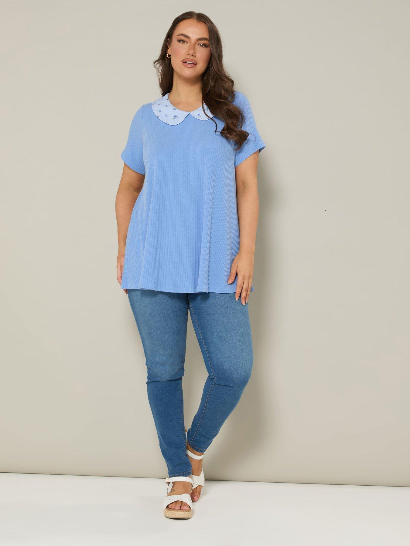 Image 3 of 5 of Yours Curve Ditsy Collar Rib Swing Top - Blue