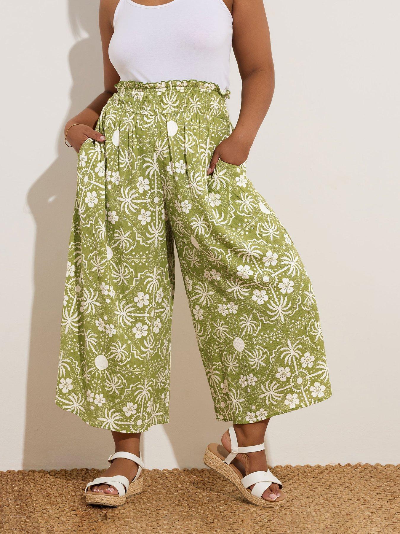 Image 1 of 4 of Yours Curve Shirred Crop Trouser - Green