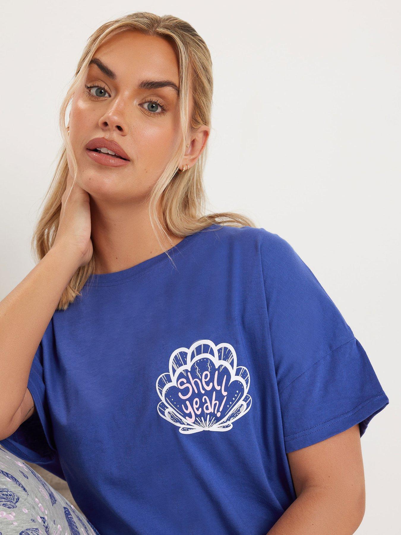 Image 4 of 5 of Yours Curve Shell Yeah Sleeptee Crop Pyjama Set - Blue
