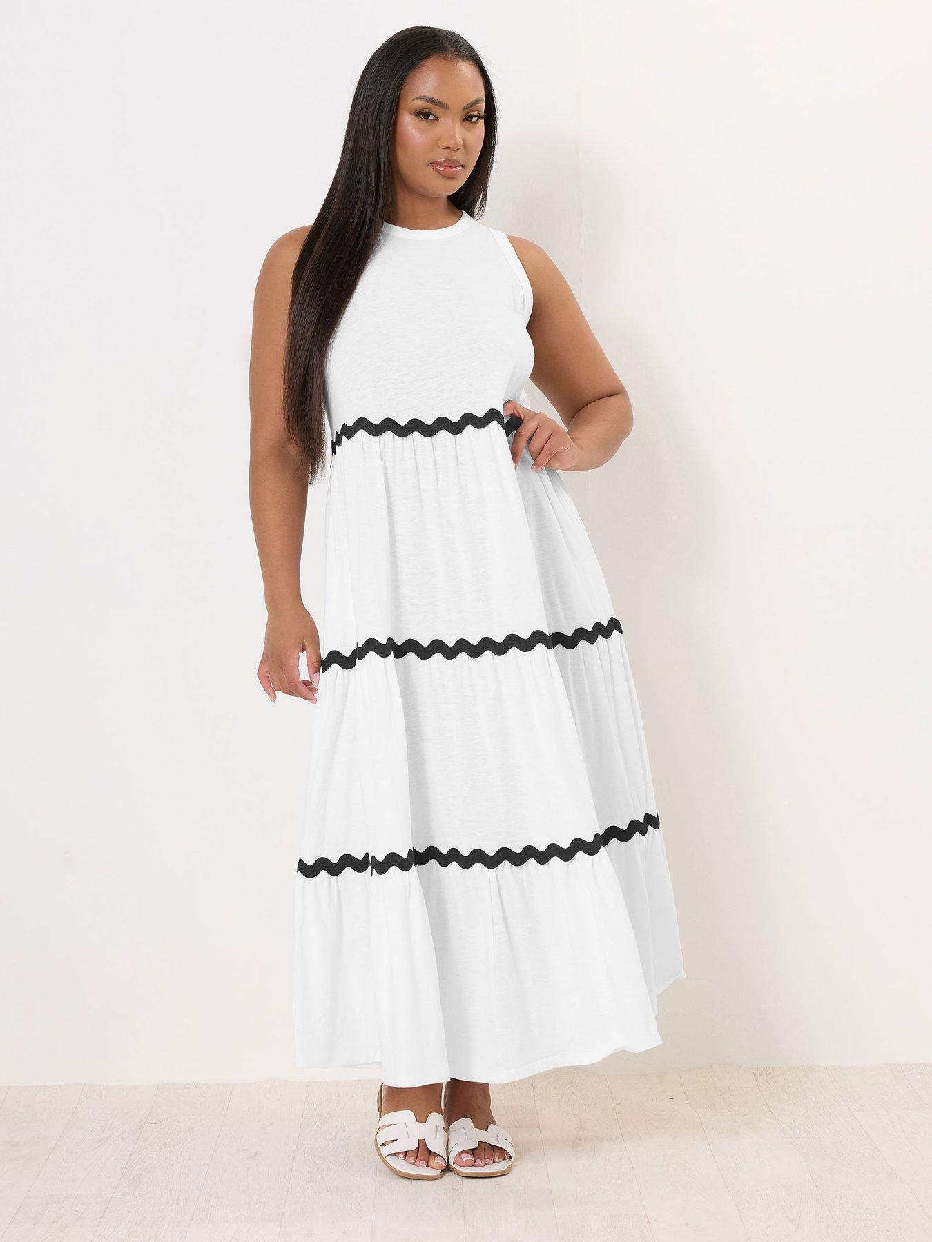 Yours Curve Contrast Trim Tiered Dress - White
