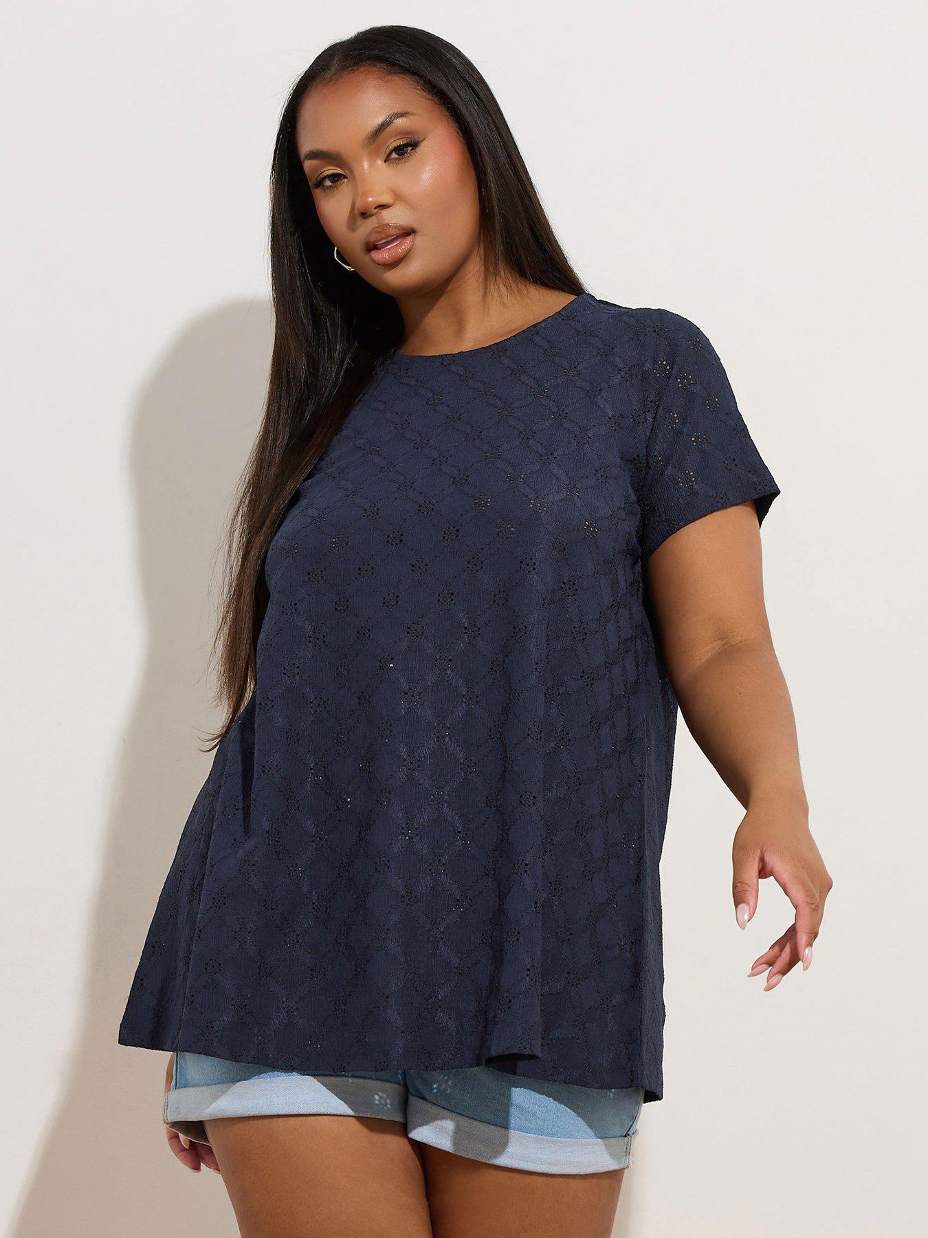 Image 1 of 5 of Yours Curve Broderie Anglaise Swing Top - Blue