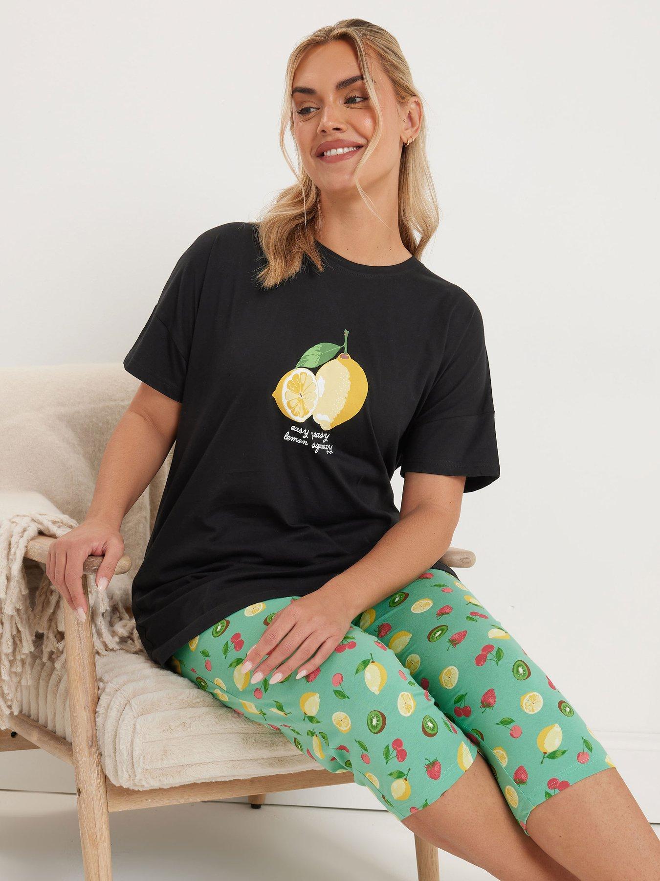 Image of Yours Curve Lemon Squeezy Crop Pyjama Set - Black