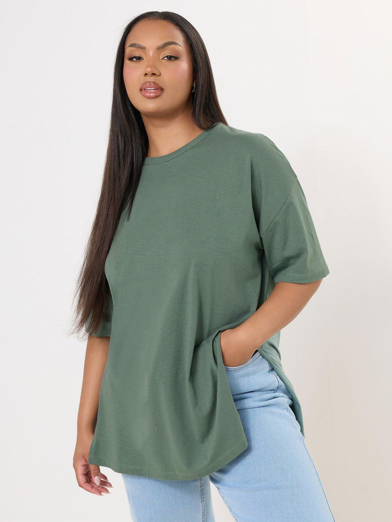 Image of Yours Curve Oversized Side Split T-Shirt - Green