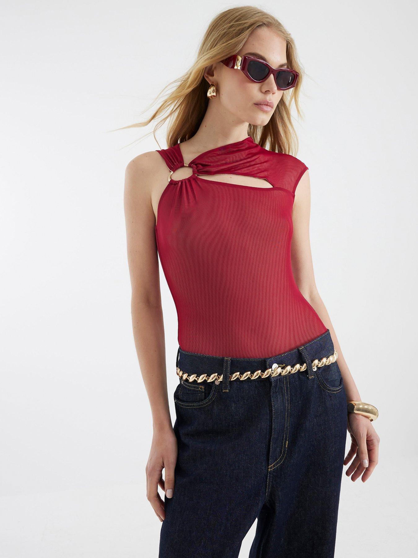 undefined Trim Cut Out Mesh Bodysuit - Red