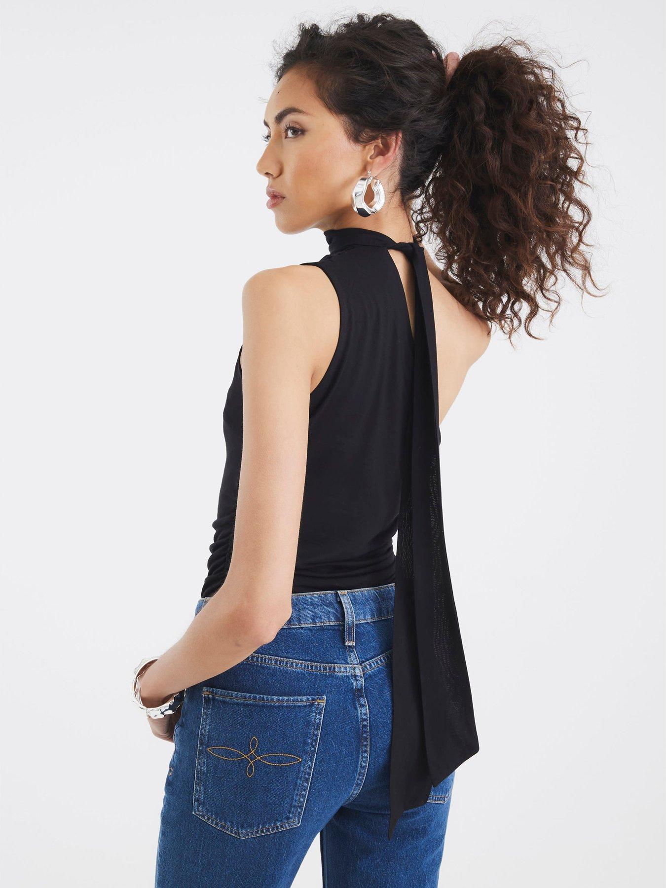 river-island-tie-asymmetric-ruched-top-blackstillFront
