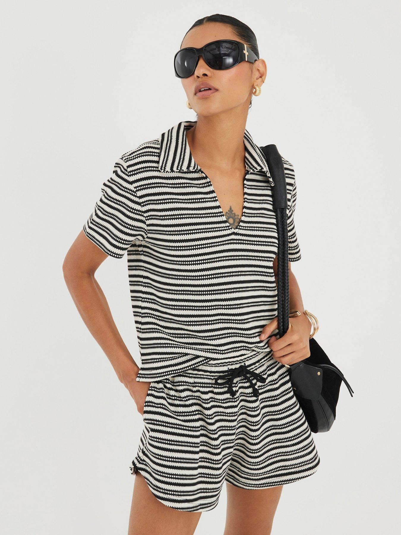 River Island Short Sleeve Stripe Polo Top - Cream