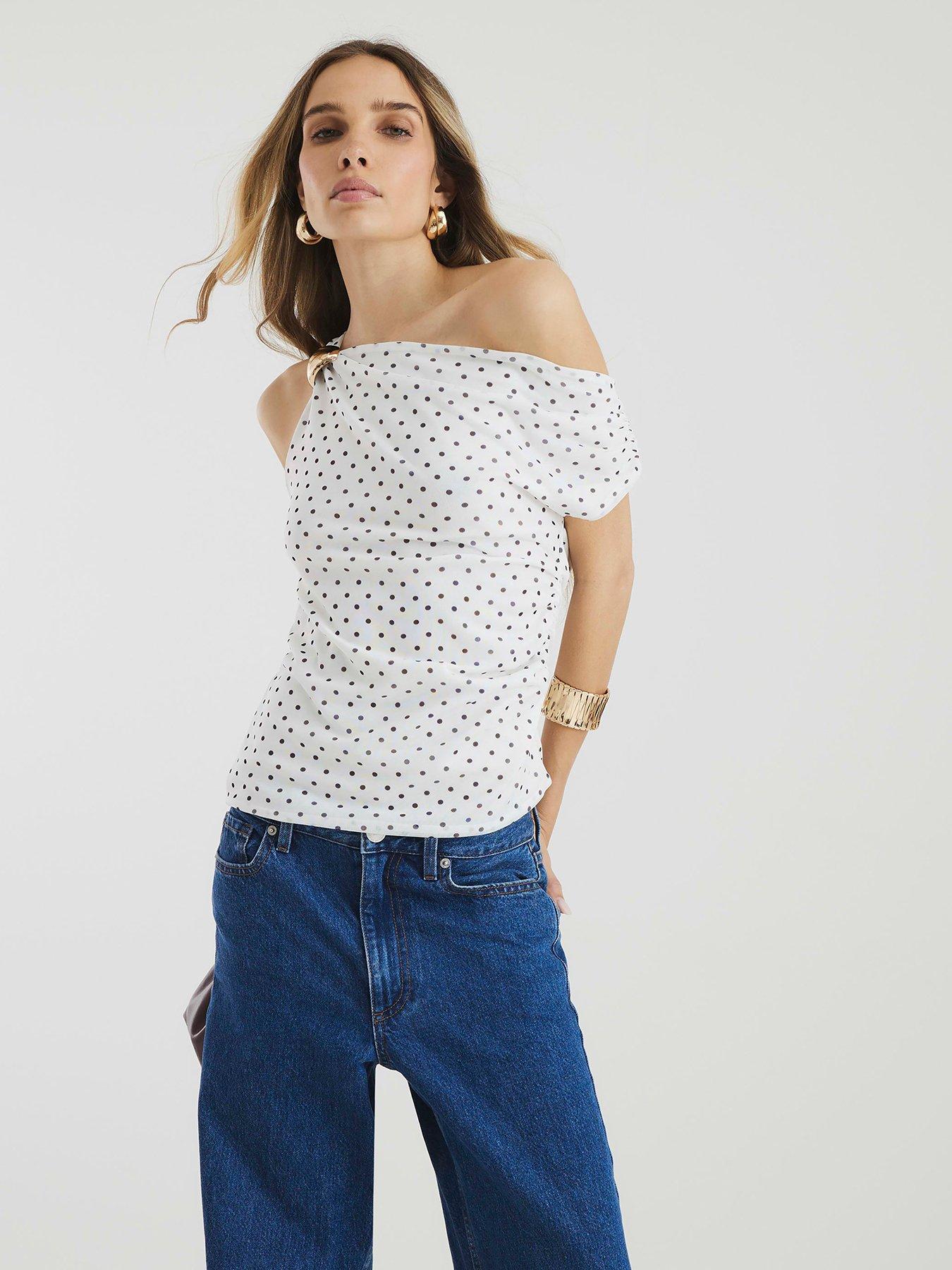 Image 1 of 4 of River Island Mesh Sleeveless Polka Dot Mesh Top - White
