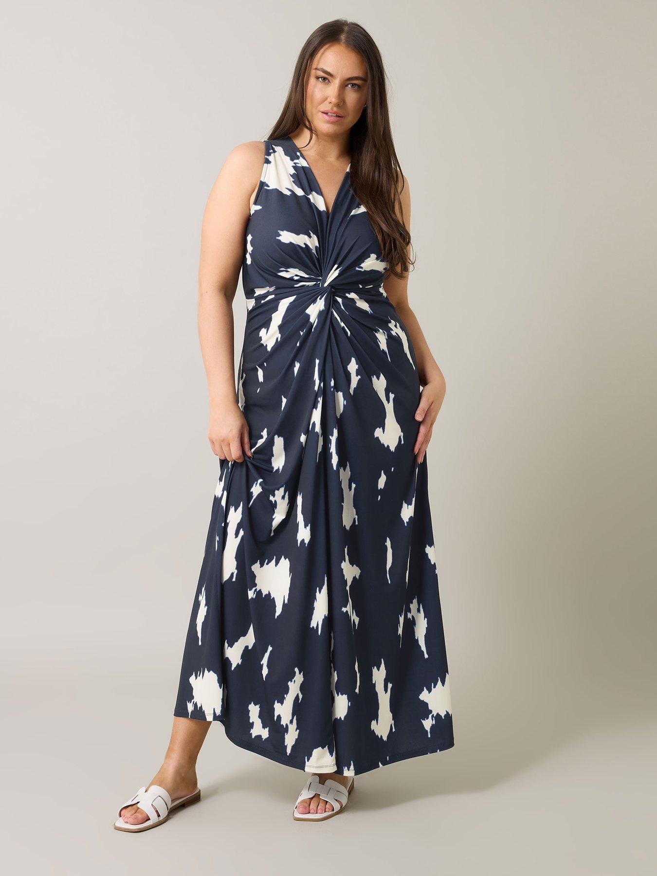 Image 1 of 4 of Evans Abstract Print Knot Front Maxi Dress - Blue
