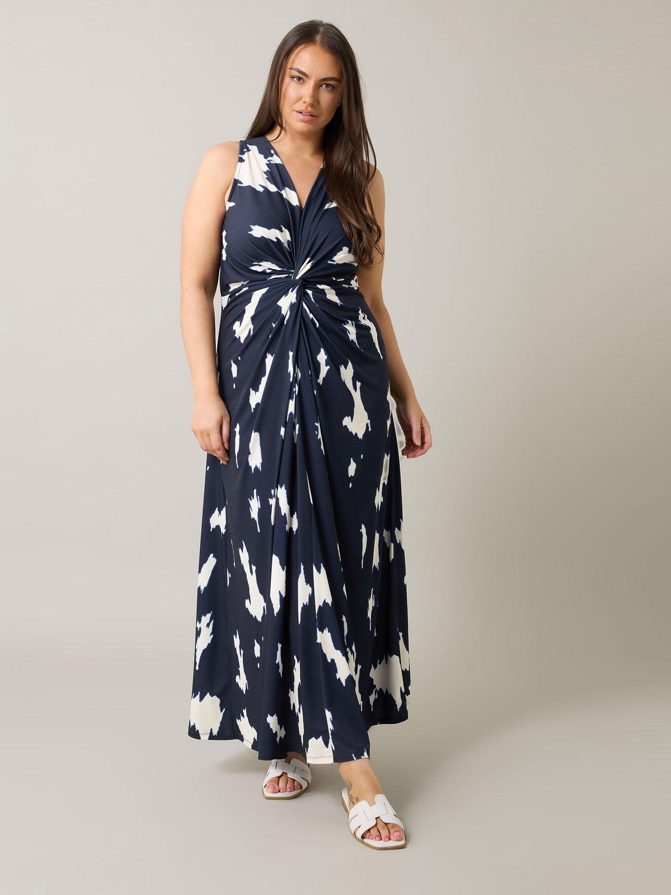 Image 3 of 4 of Evans Abstract Print Knot Front Maxi Dress - Blue