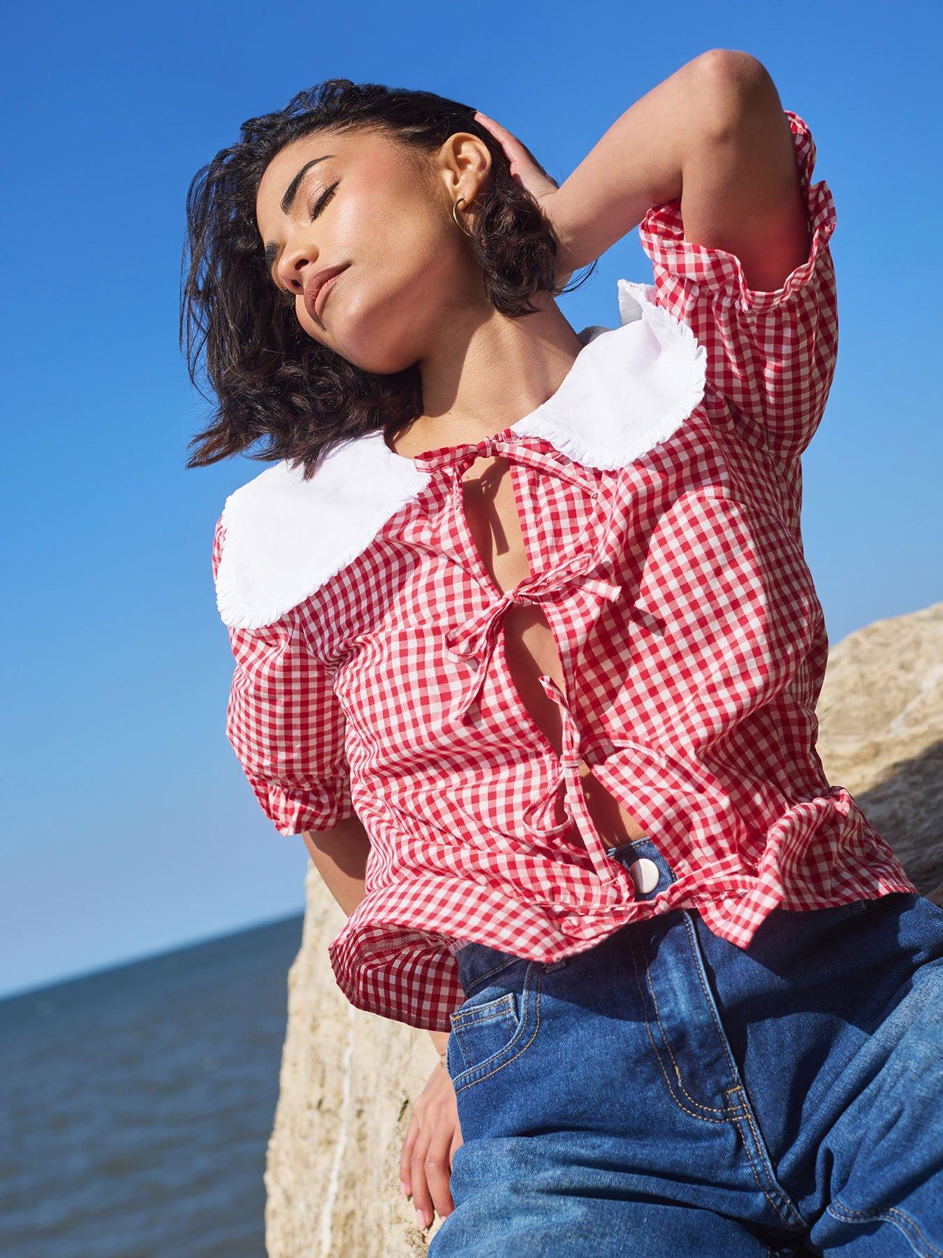 Image of PixieGirl Petite Gingham Collar Tie Front Top - Red