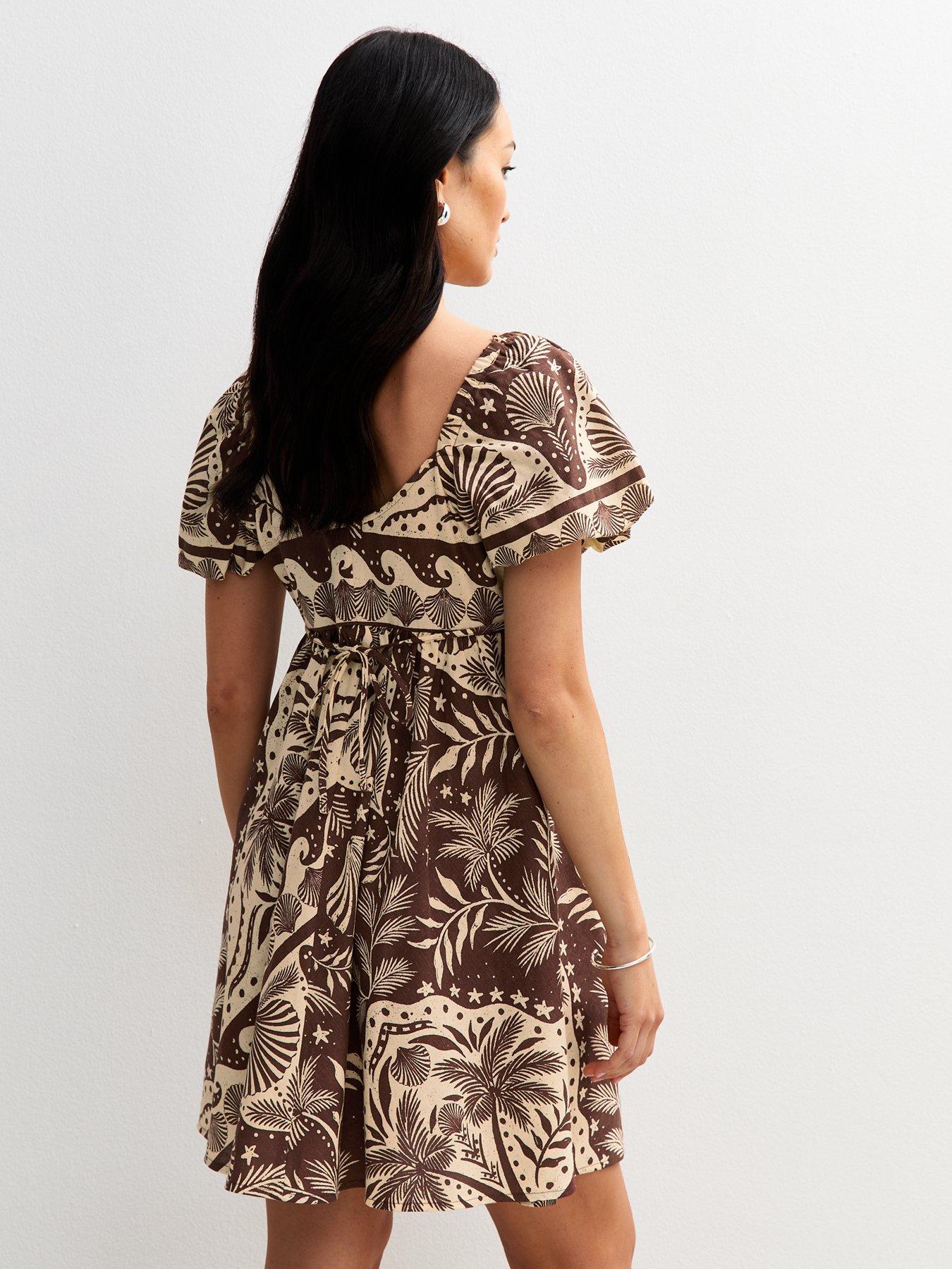 Image 2 of 4 of New Look Shell Print Puff Sleeve Mini Dress - Brown