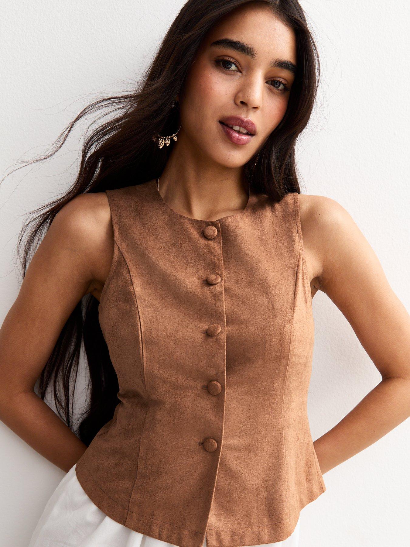 Image 1 of 5 of New Look Rust Faux Suede Buttoned Waistcoat - Brown