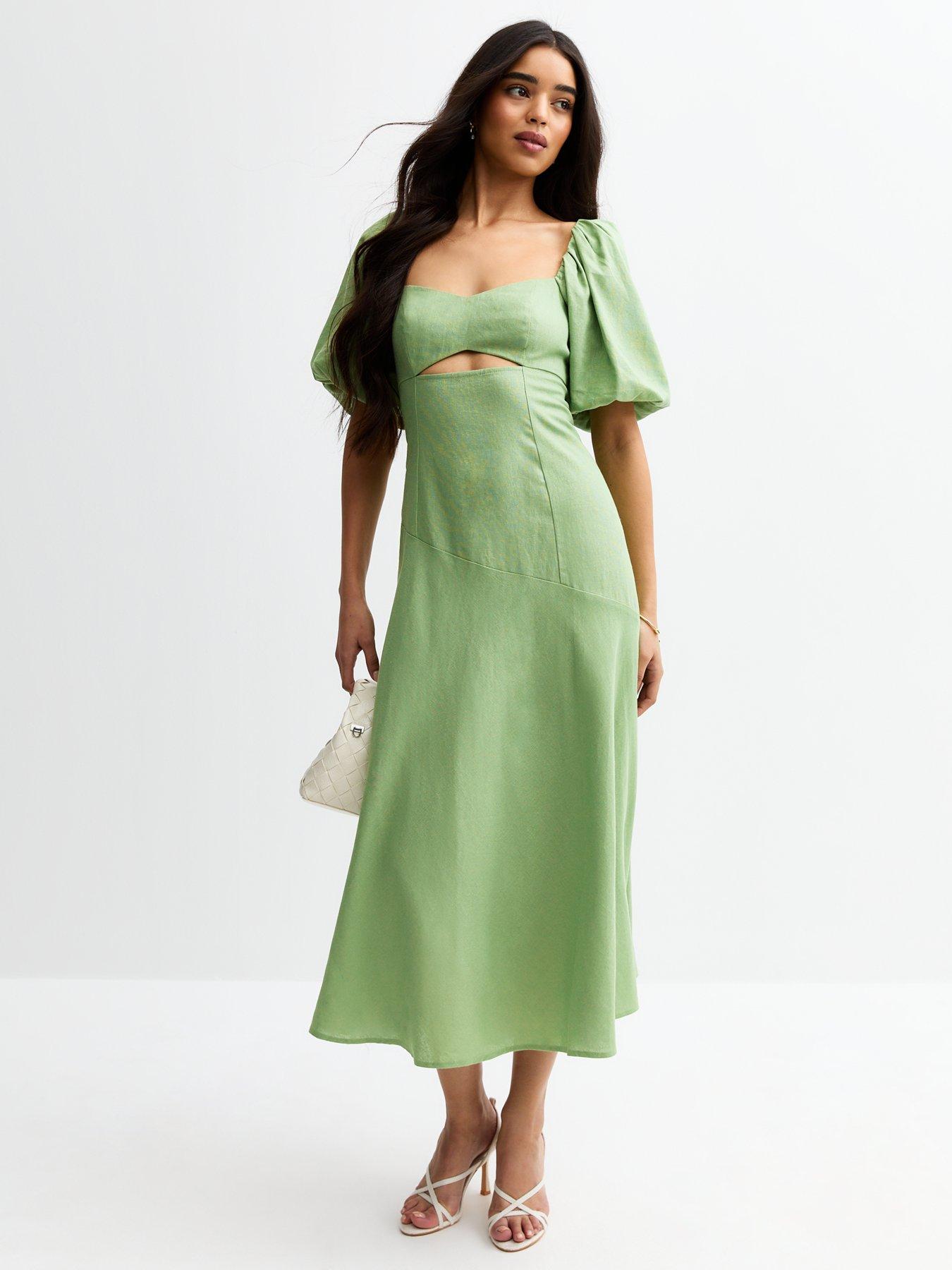 New Look Linen Blend Puff Sleeve Midi Dress - Light Green