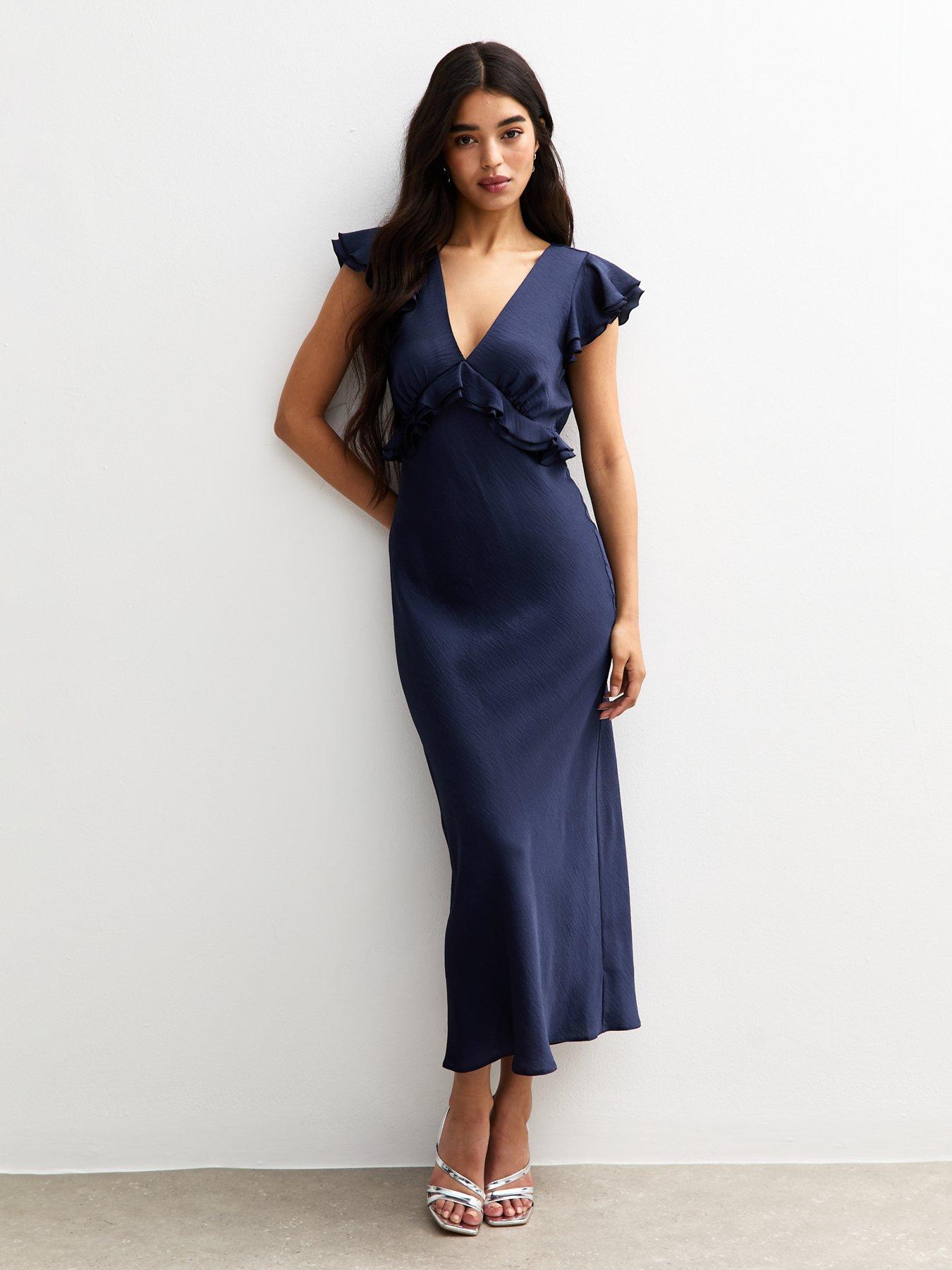 Image of New Look Navy Ruffled Satin V-Neck Midi Dress - Blue