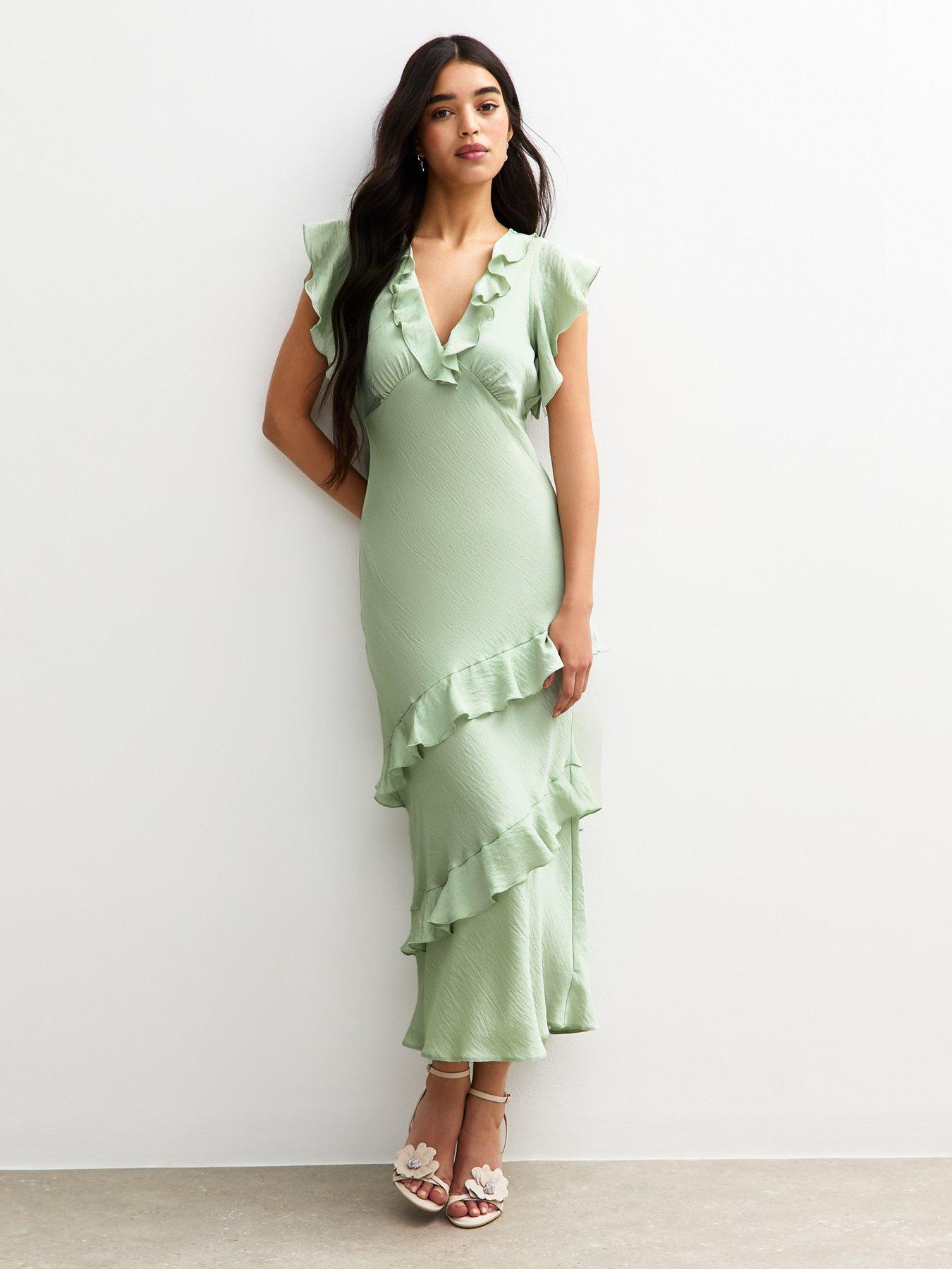 New Look Satin Ruffled Midi Dress - Green