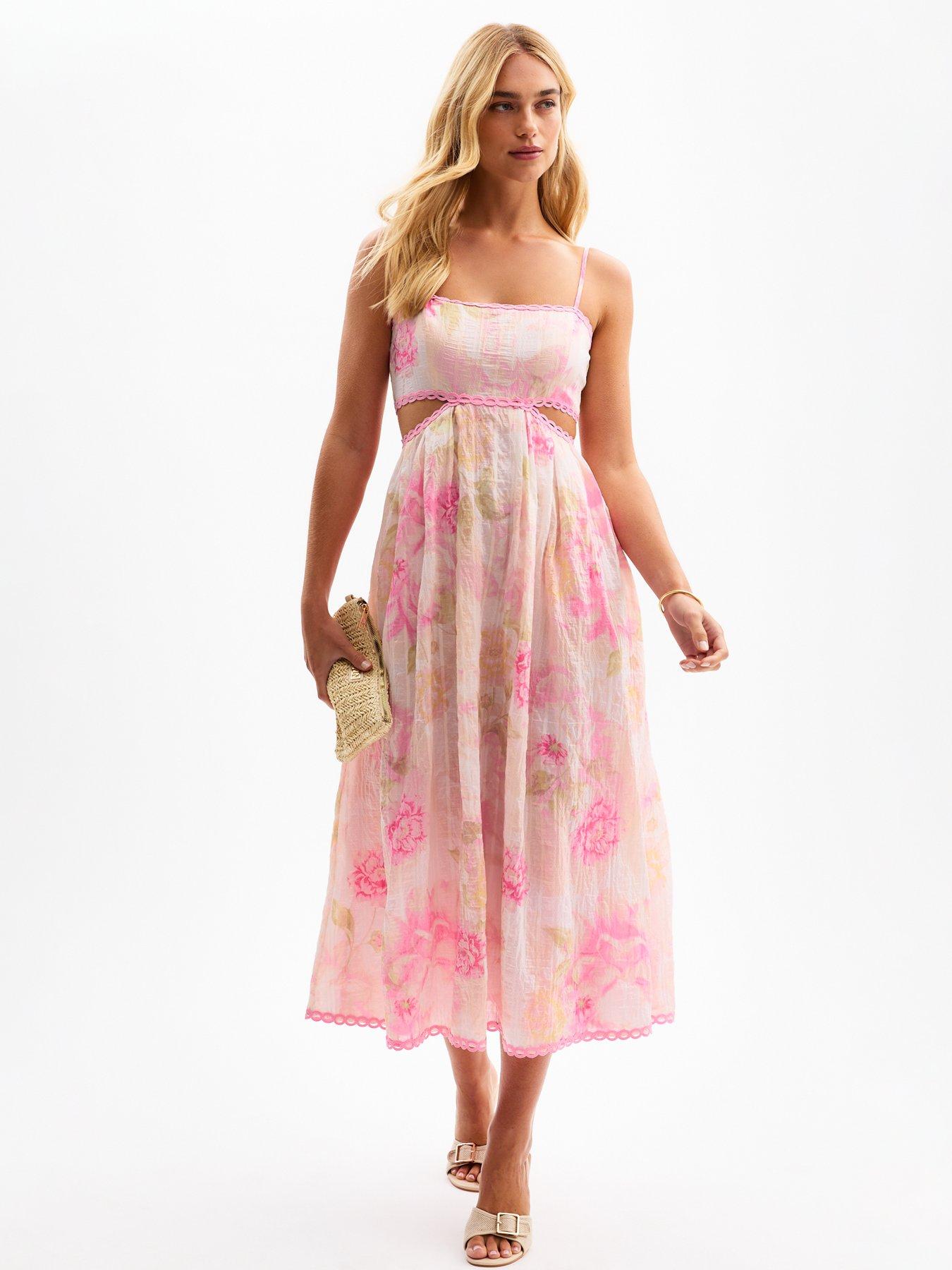 undefined Floral Print Textured Stripe Cut Out Maxi Dress - Pink