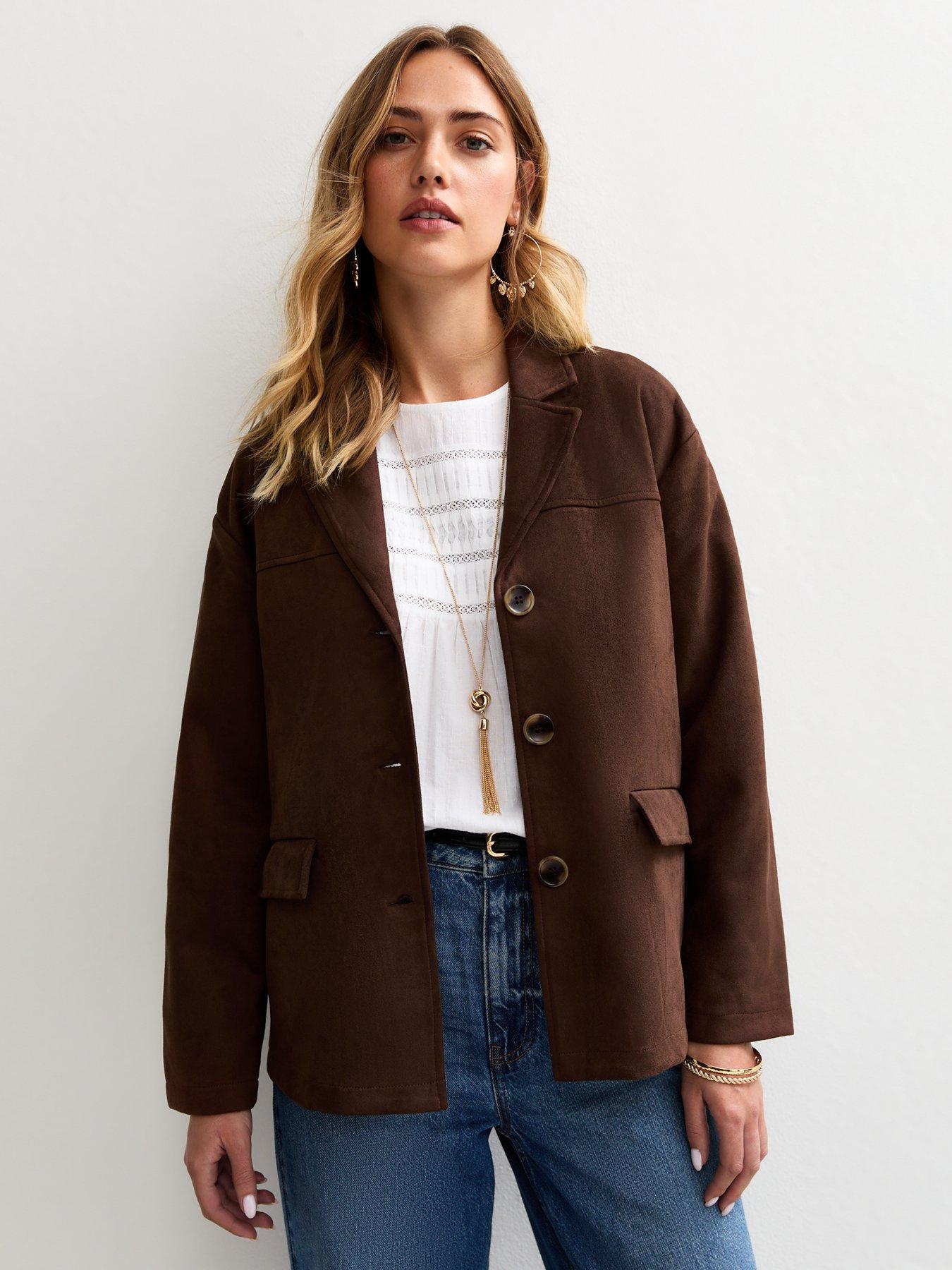 Image of New Look Faux Suede Button Up Jacket - Brown