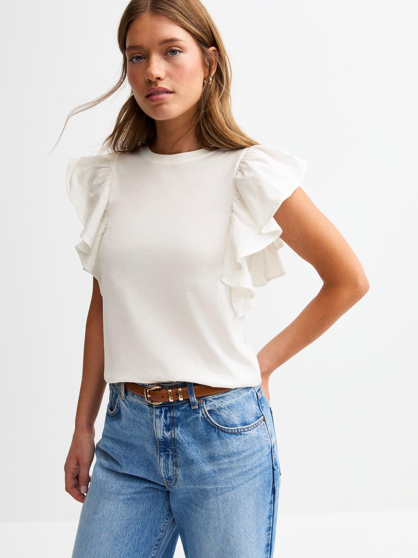 undefined White Ruffled Sleeve Jersey Top