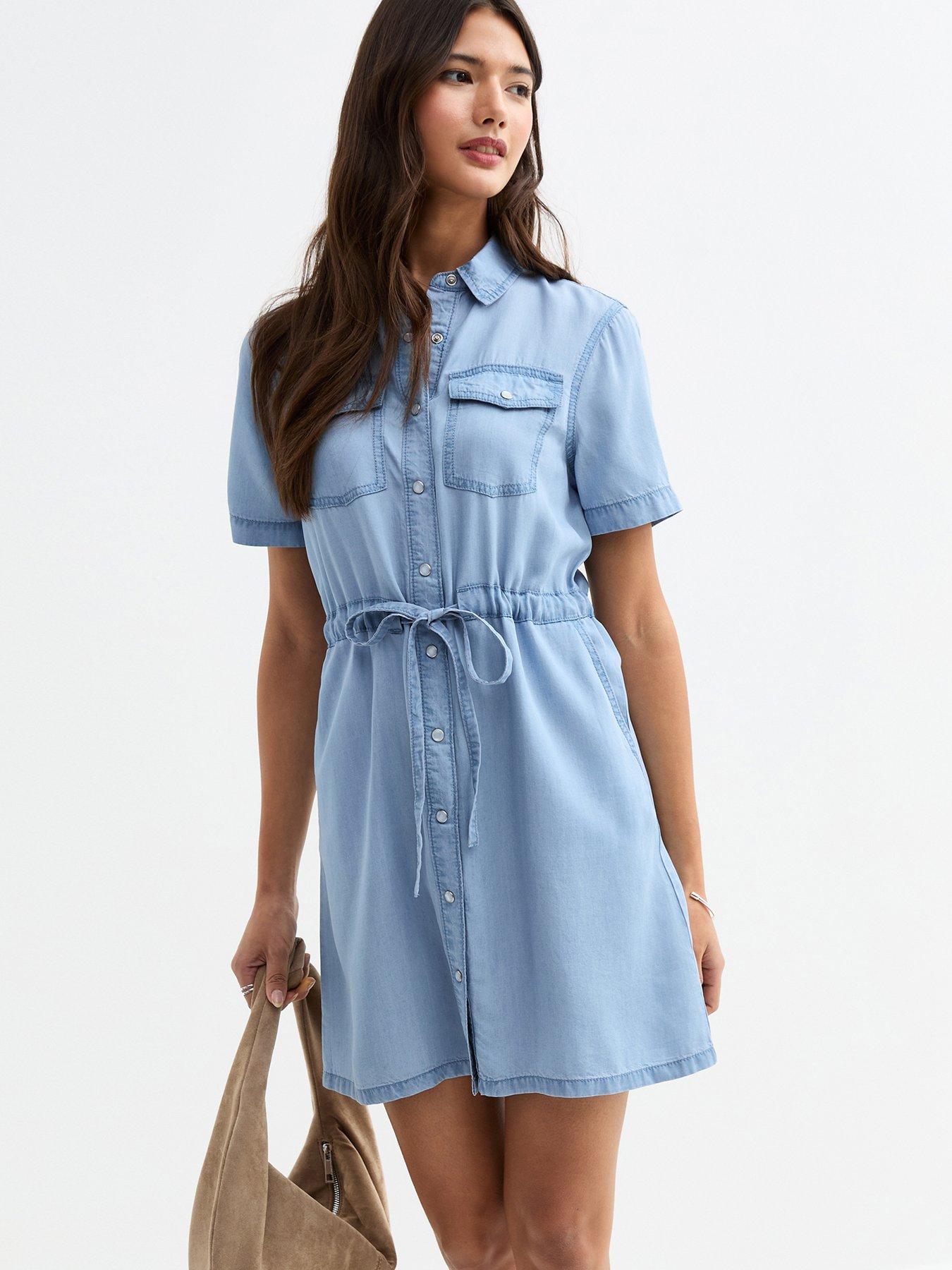 Image 1 of 5 of New Look Light Blue Chambray Denim-look Mini Shirt Dress