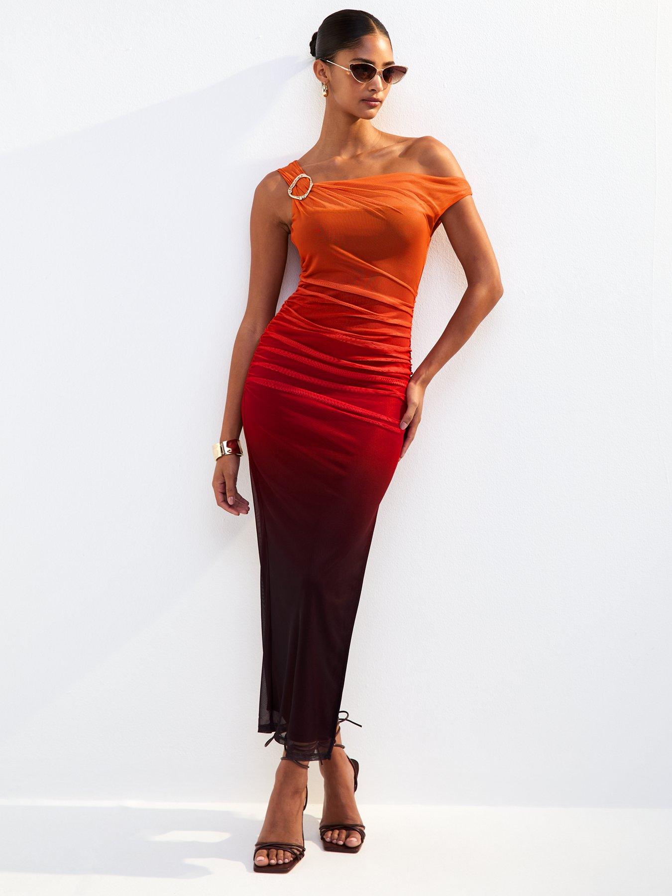 Image 1 of 5 of New Look Ombre Mesh Dress - Orange