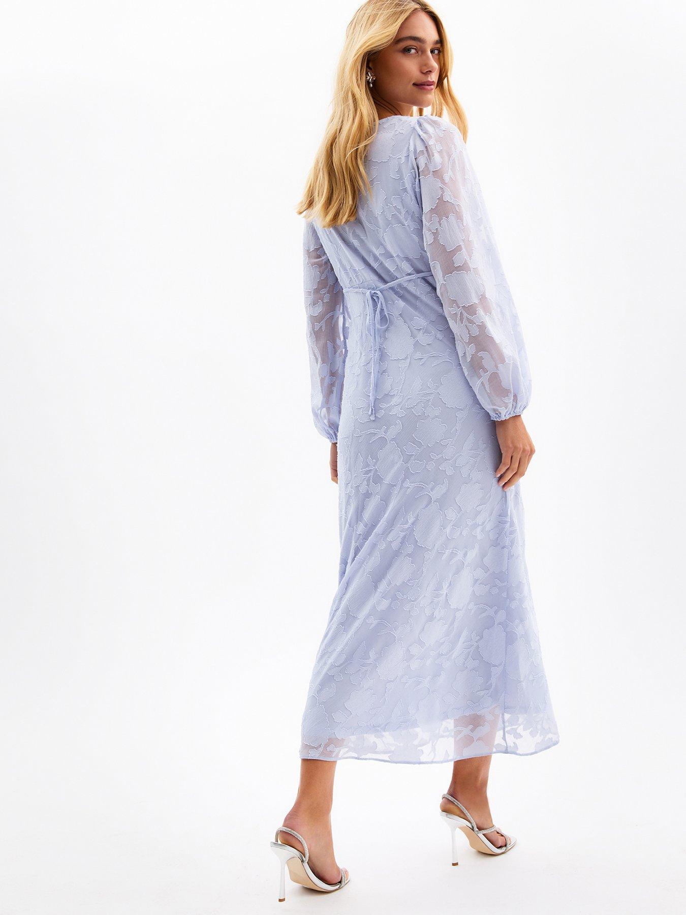 Image 2 of 4 of New Look Light Blue V-neck Floral Devor&eacute; Long Sleeve Midi Dress