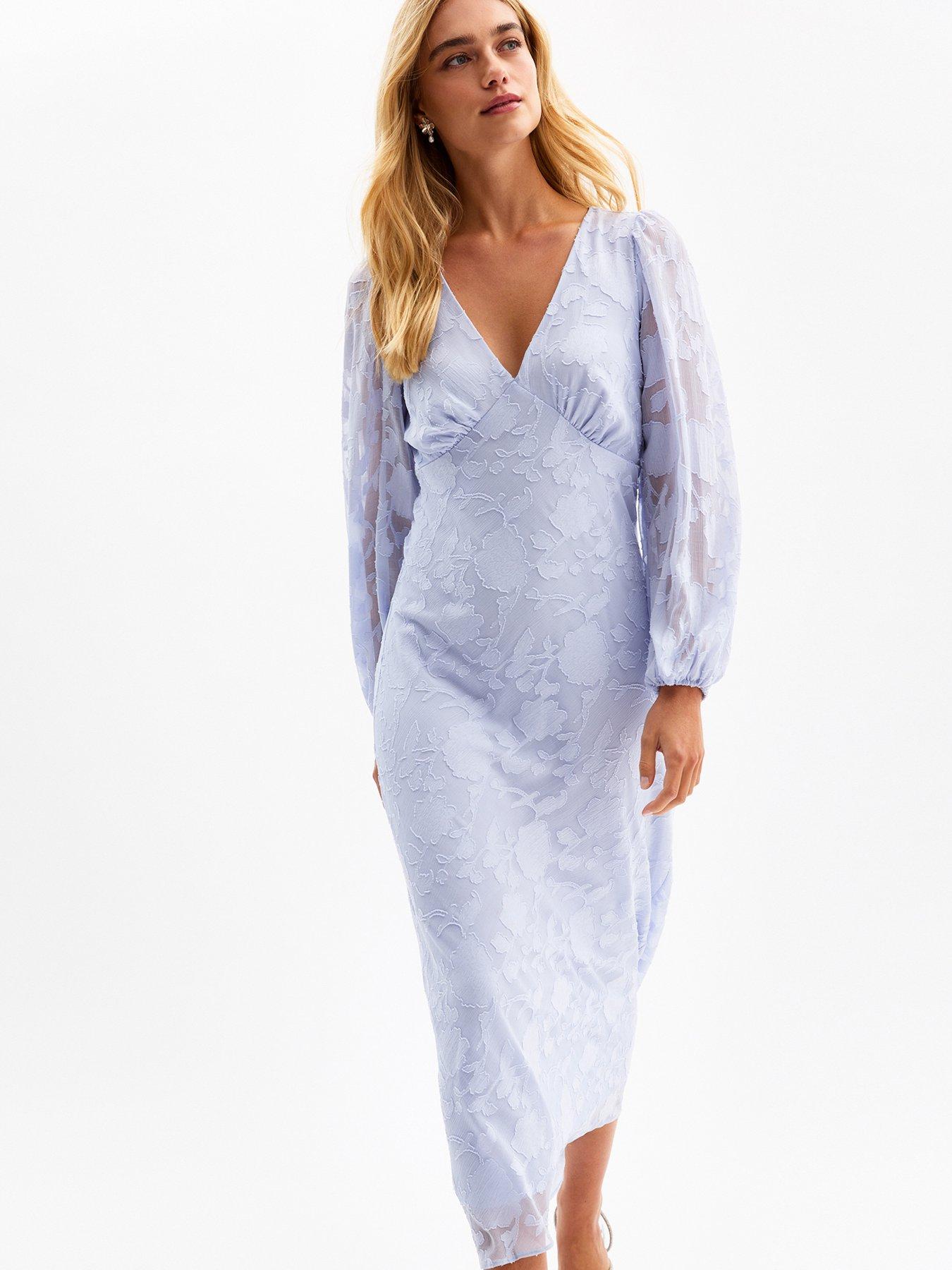 Image 3 of 4 of New Look Light Blue V-neck Floral Devor&eacute; Long Sleeve Midi Dress