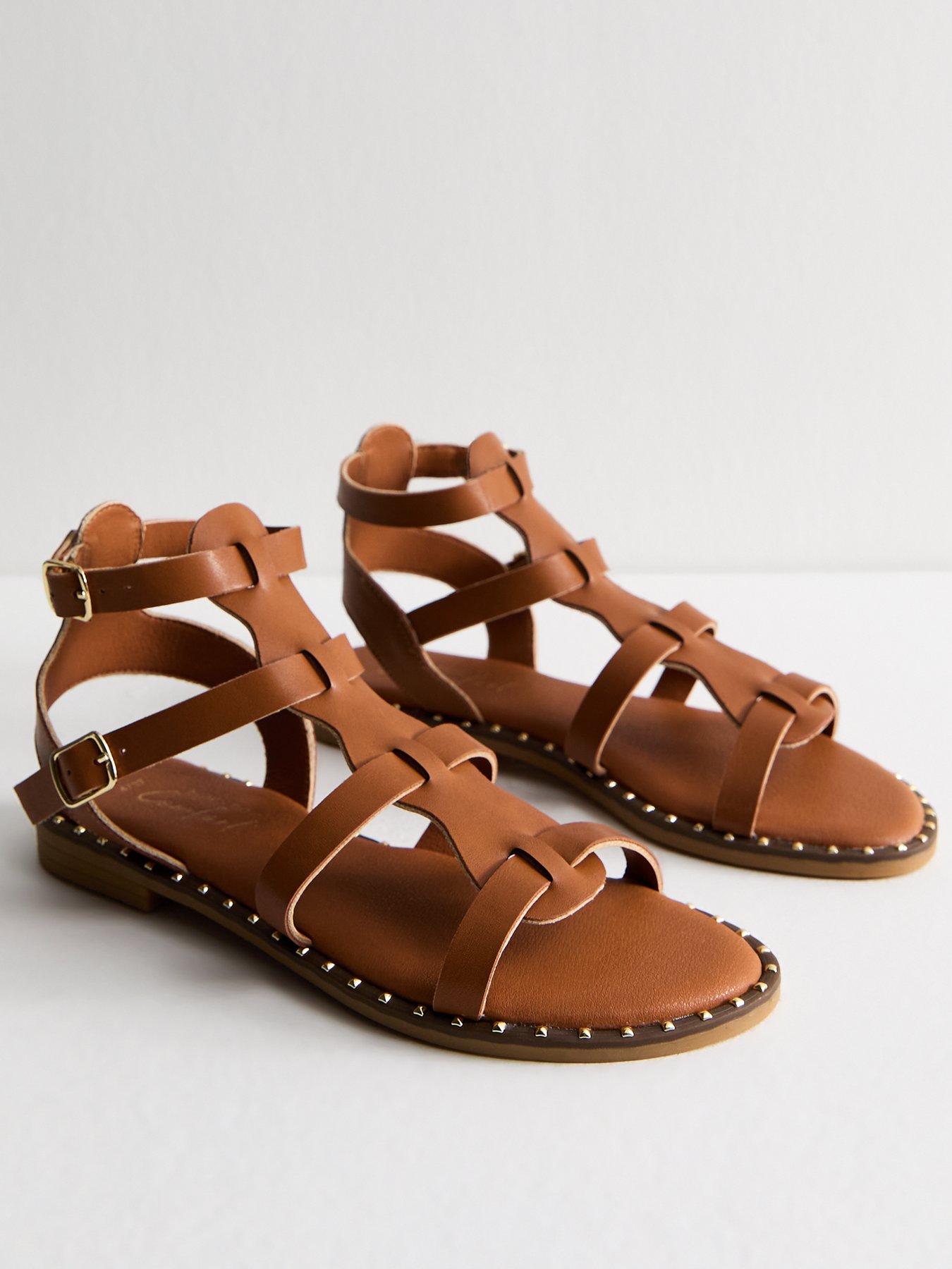 New Look Tan Faux Leather Studded Trim Gladiator Strap Sandals