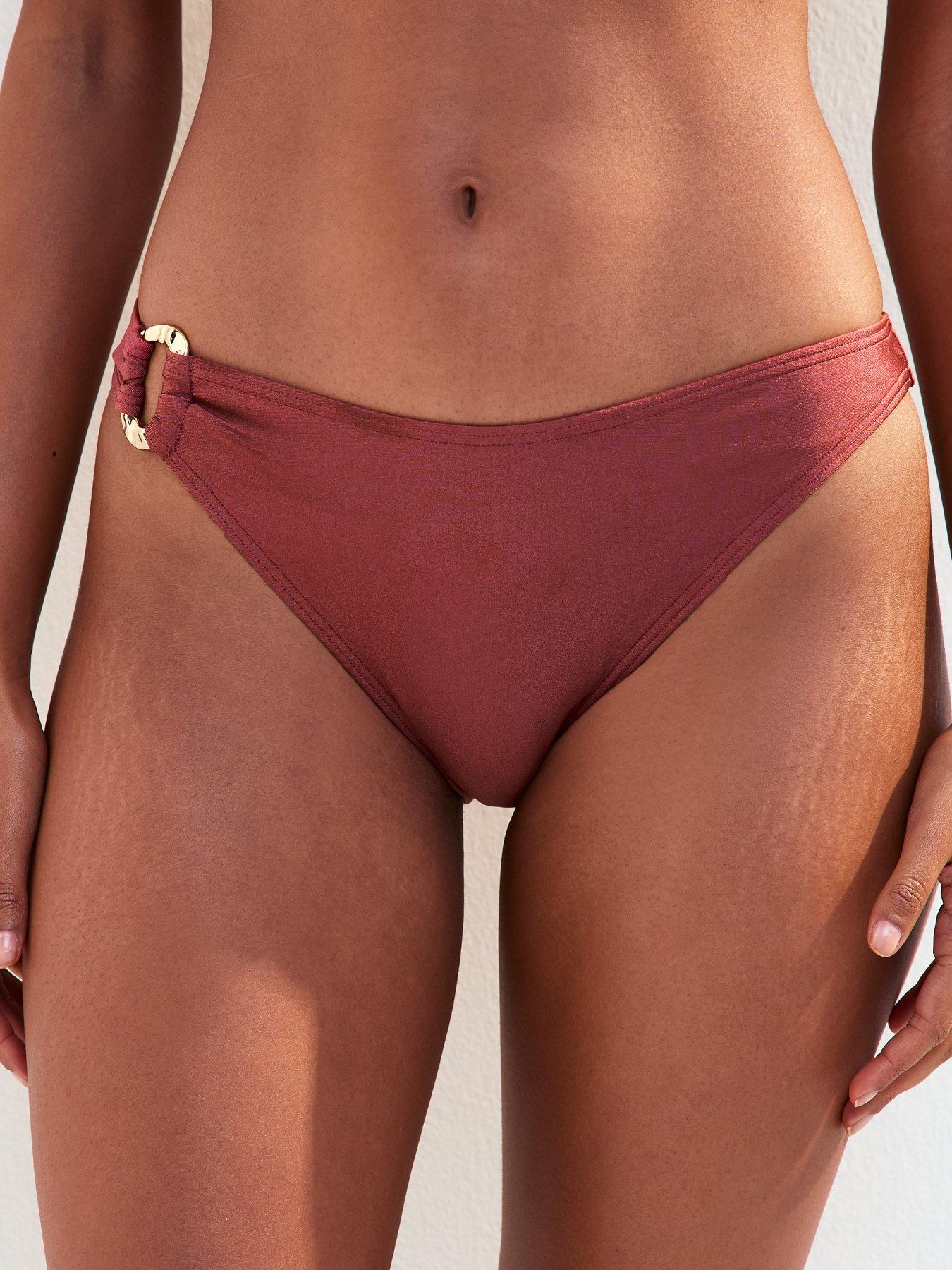 Image 1 of 5 of New Look Dark Pink Ring Detail Bikini Bottoms