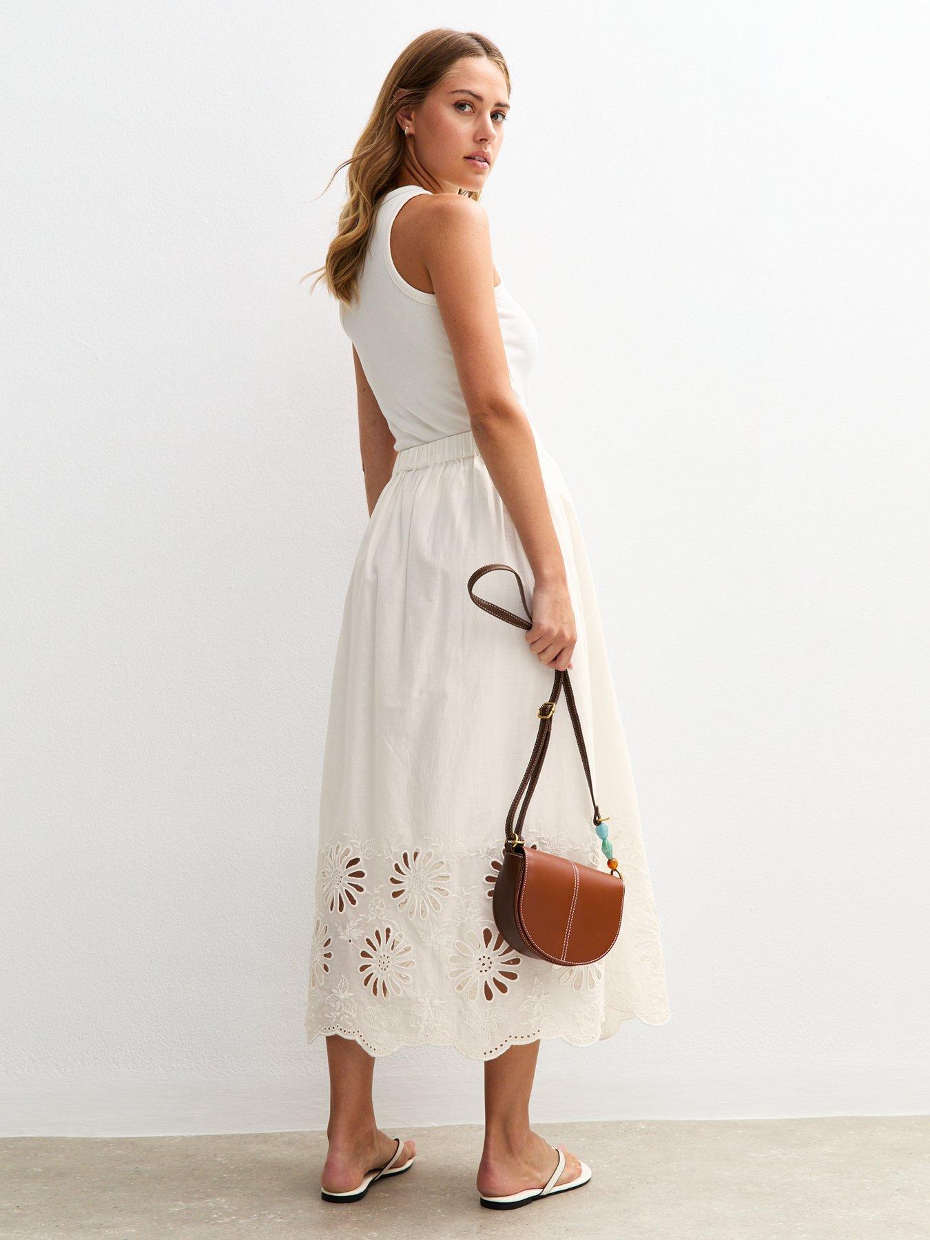 Image 2 of 4 of New Look Embroidered Cutout Hem Midi Skirt - White