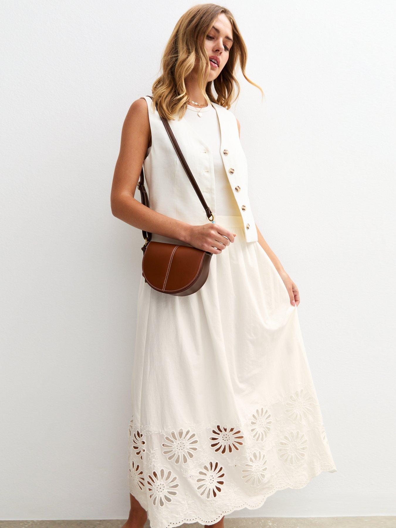 Image 3 of 4 of New Look Embroidered Cutout Hem Midi Skirt - White