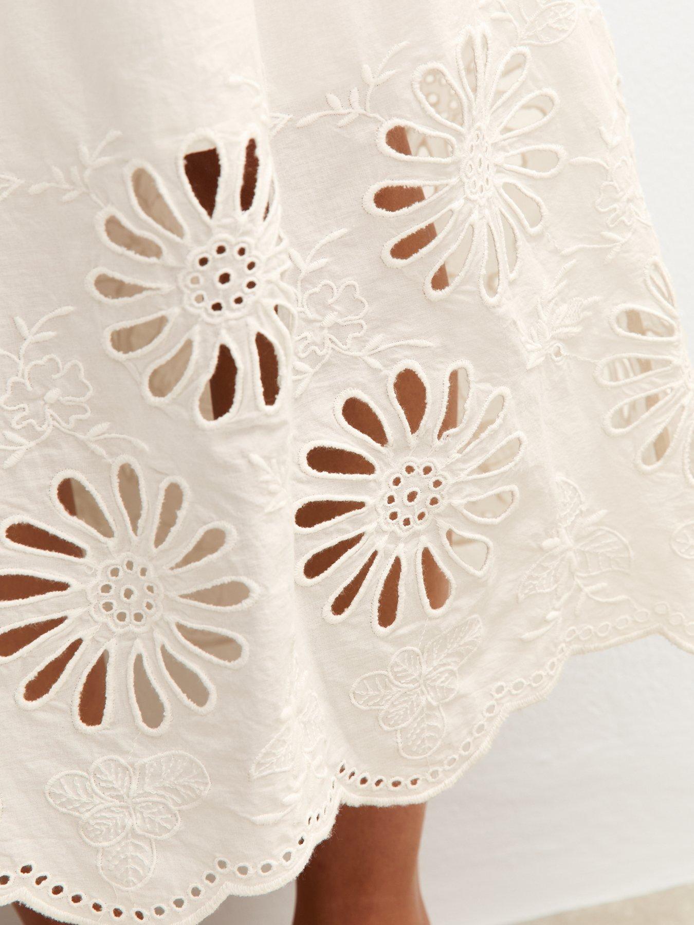 Image 4 of 4 of New Look Embroidered Cutout Hem Midi Skirt - White