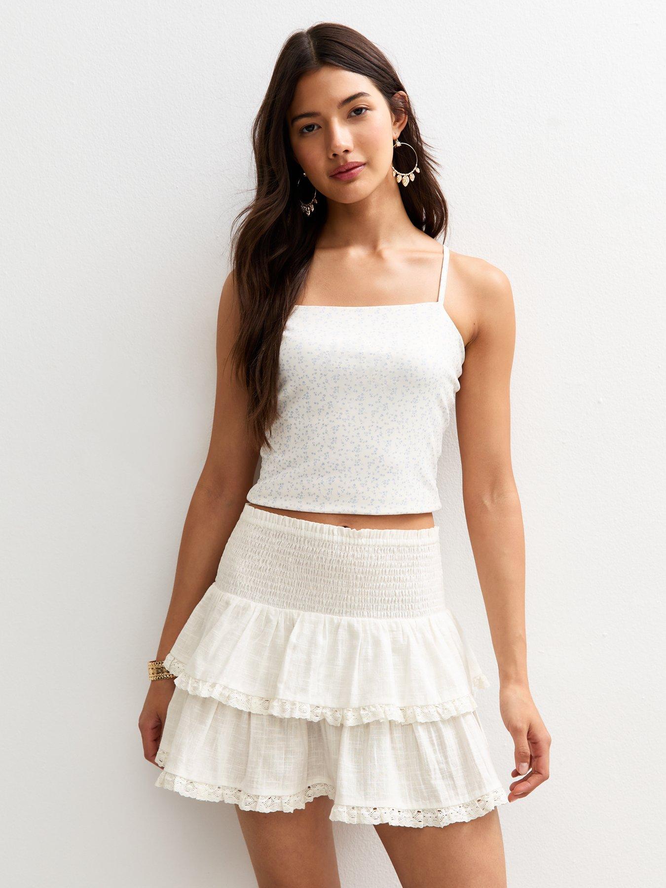 Image 1 of 4 of New Look Off White Shirred Rara Mini Skirt - Cream