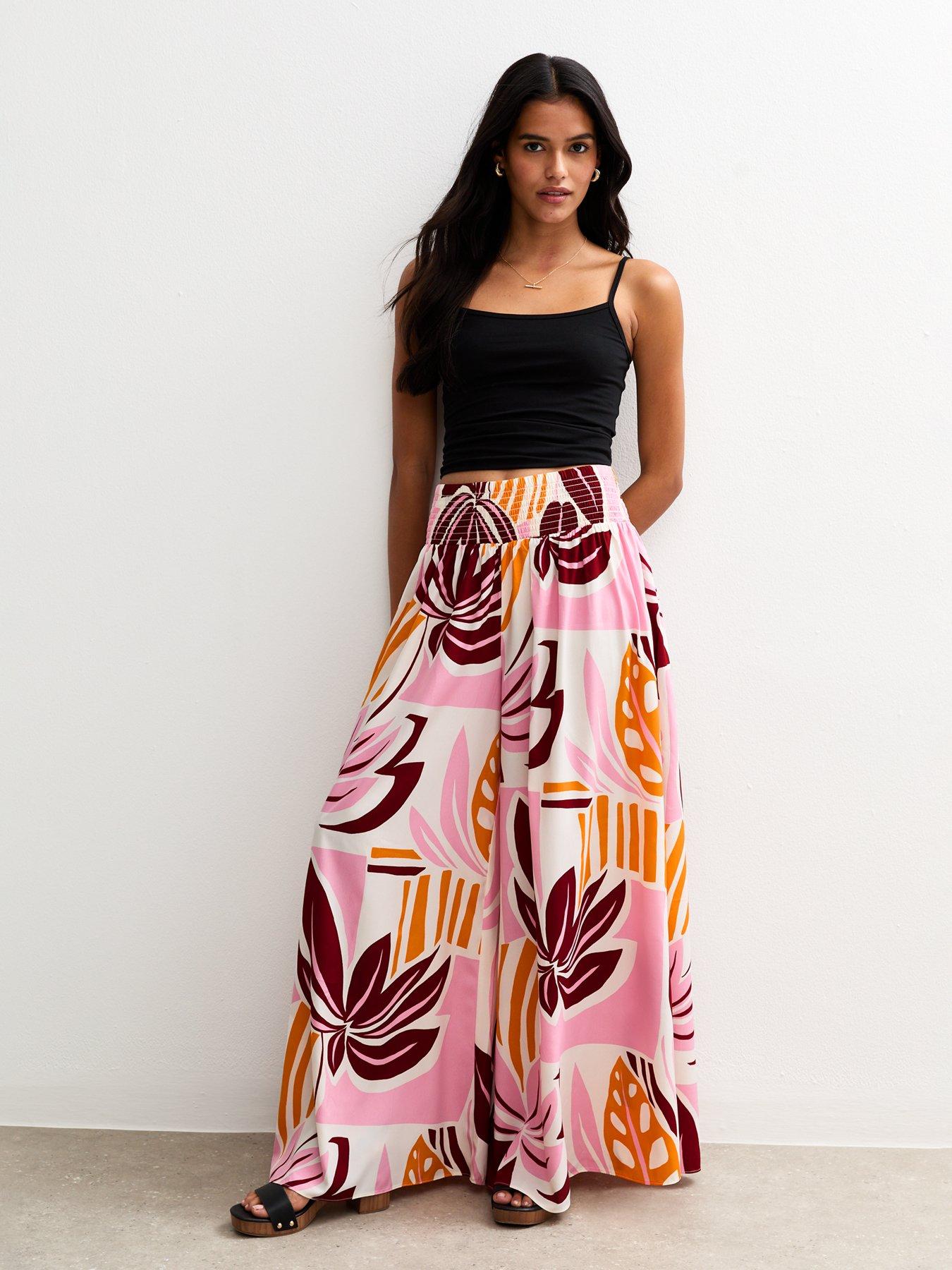 Image of New Look Pink Palm Print Palazzo Trousers - Cream