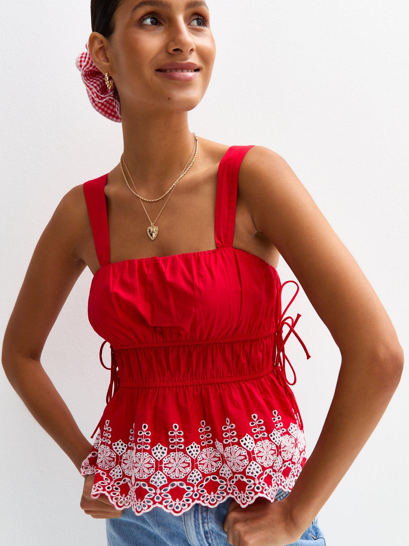 Image of New Look Floral Embroidered Shirred Cami Top - Red