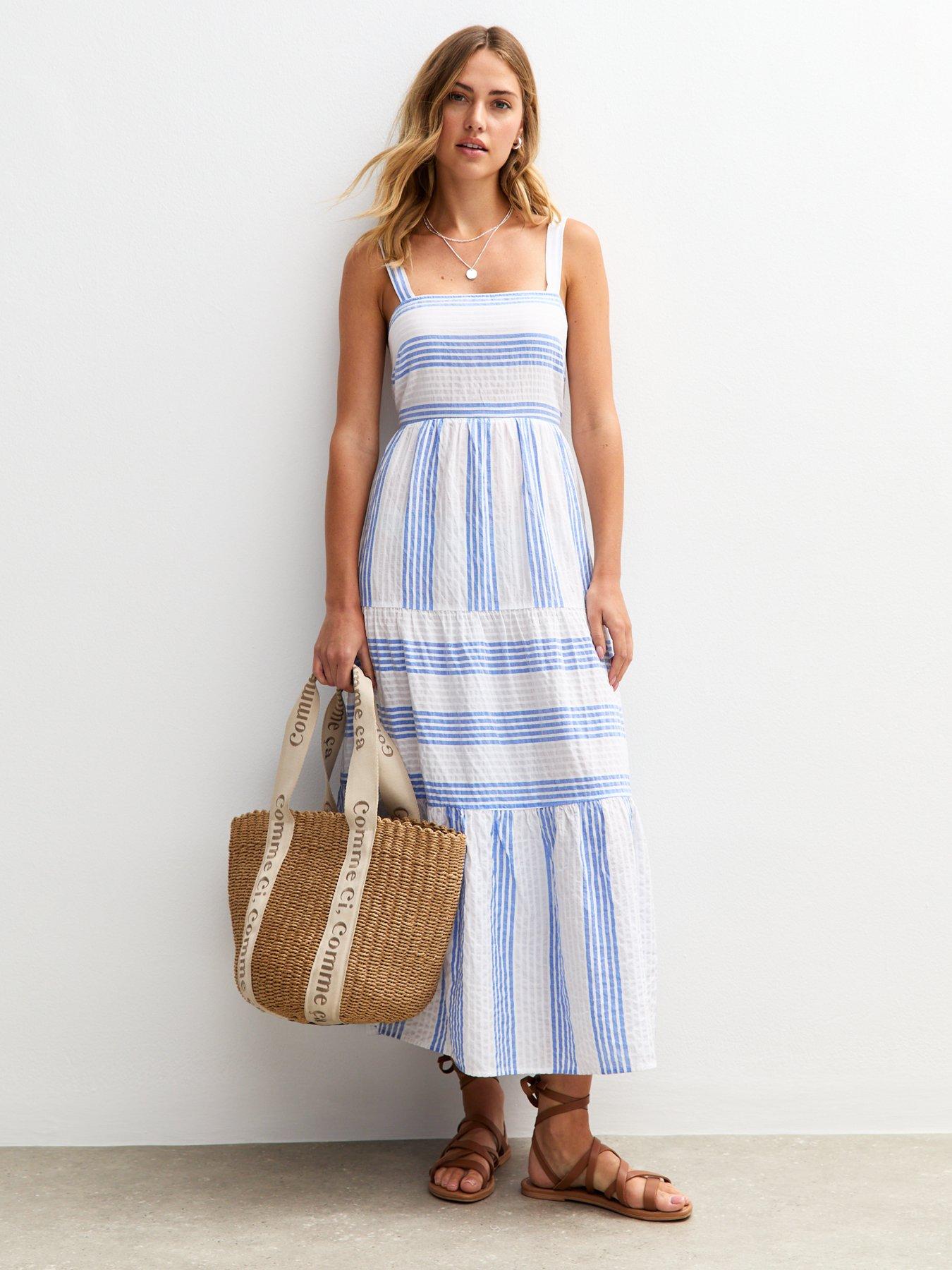 Image 1 of 4 of New Look Striped Textured Tiered Midi Dress - Blue