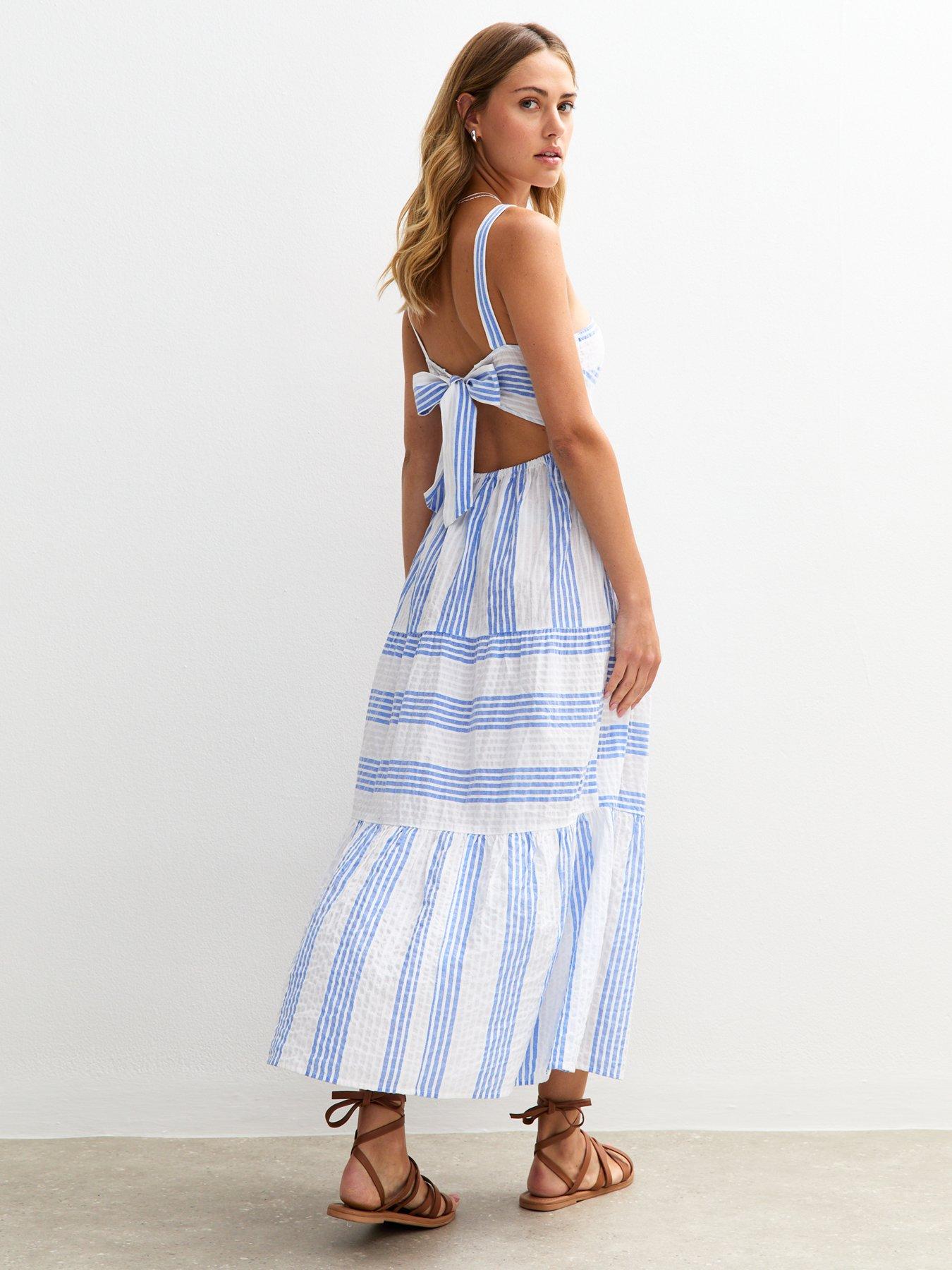 Image 2 of 4 of New Look Striped Textured Tiered Midi Dress - Blue