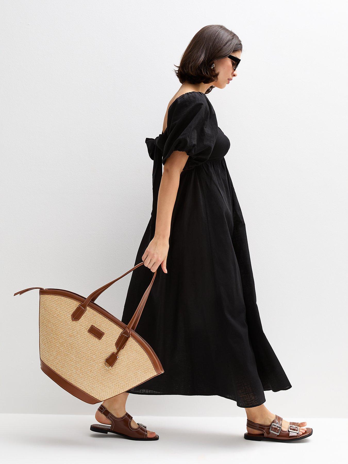 New Look Puff Sleeve Knotted Front Midi Dress - Black