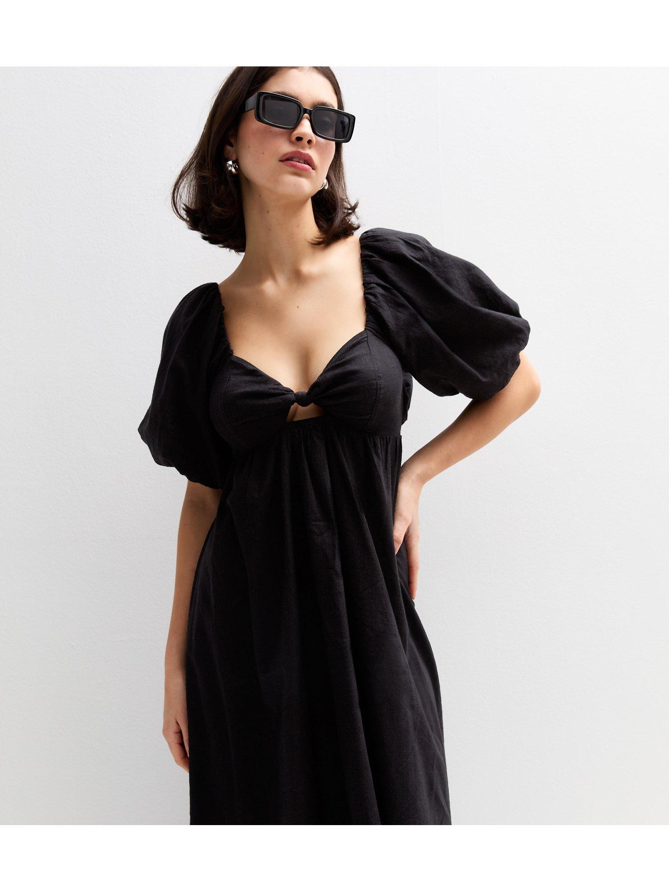 Image 3 of 5 of New Look Puff Sleeve Knotted Front Midi Dress - Black