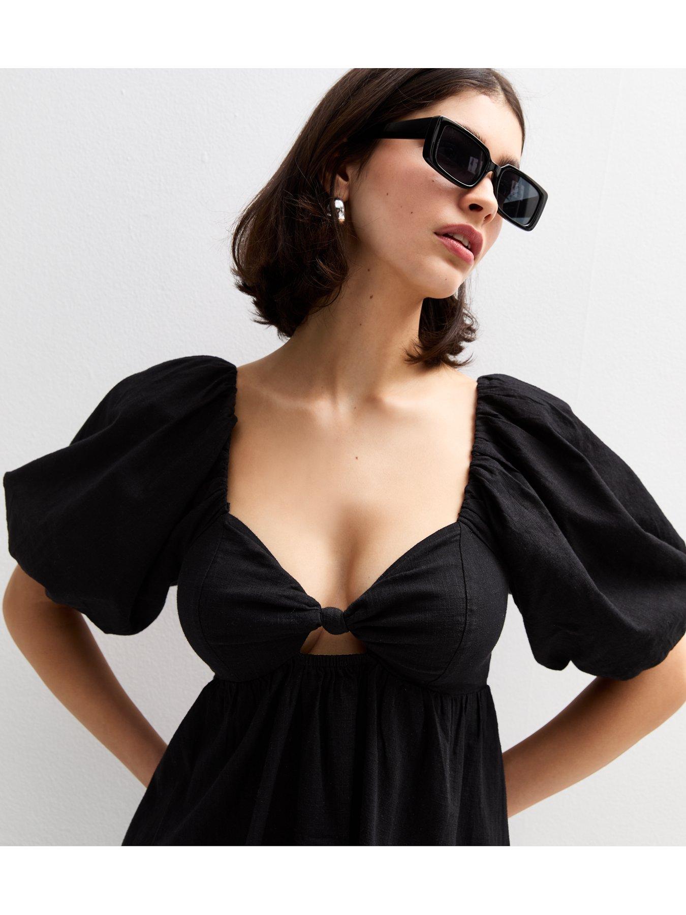 Image 5 of 5 of New Look Puff Sleeve Knotted Front Midi Dress - Black