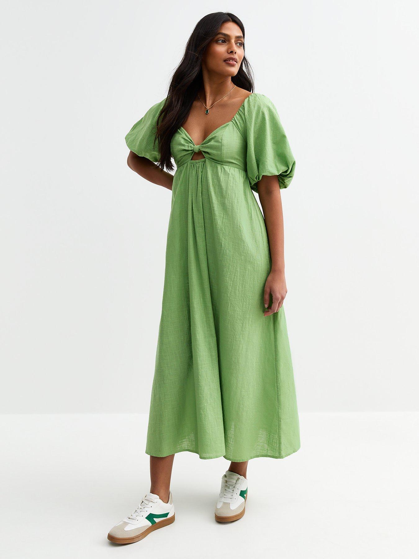 Image 1 of 5 of New Look Puff Sleeve Knotted Front Midi Dress - Green