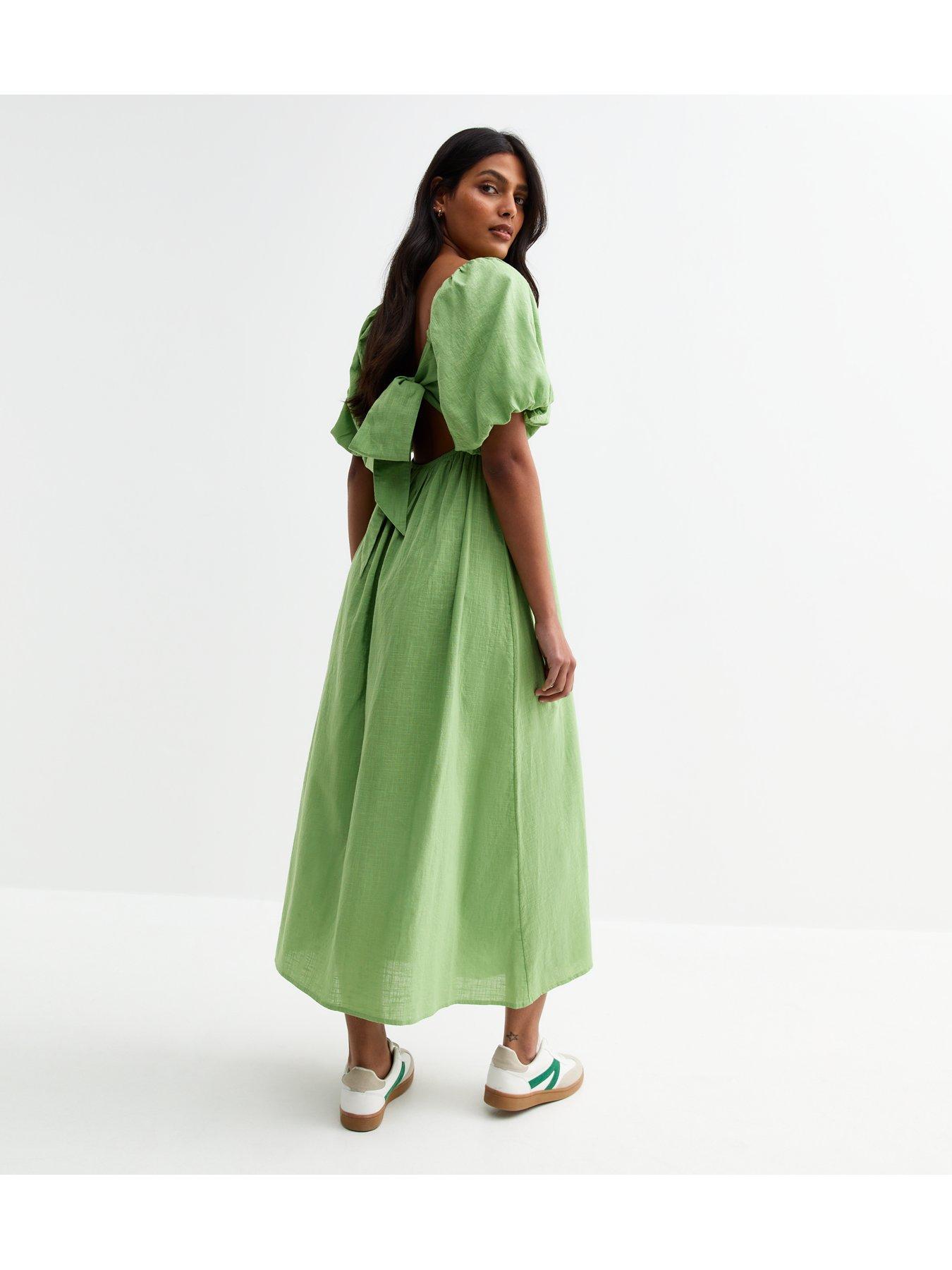 Image 2 of 5 of New Look Puff Sleeve Knotted Front Midi Dress - Green